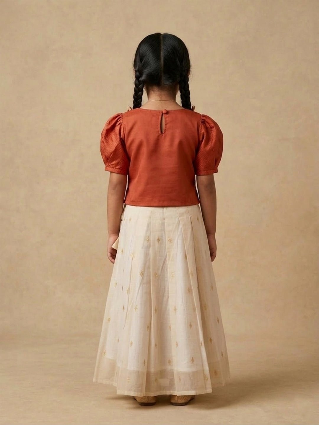 Kasavu Surya Off-White Pattu Pavada Skirt Set For Girls