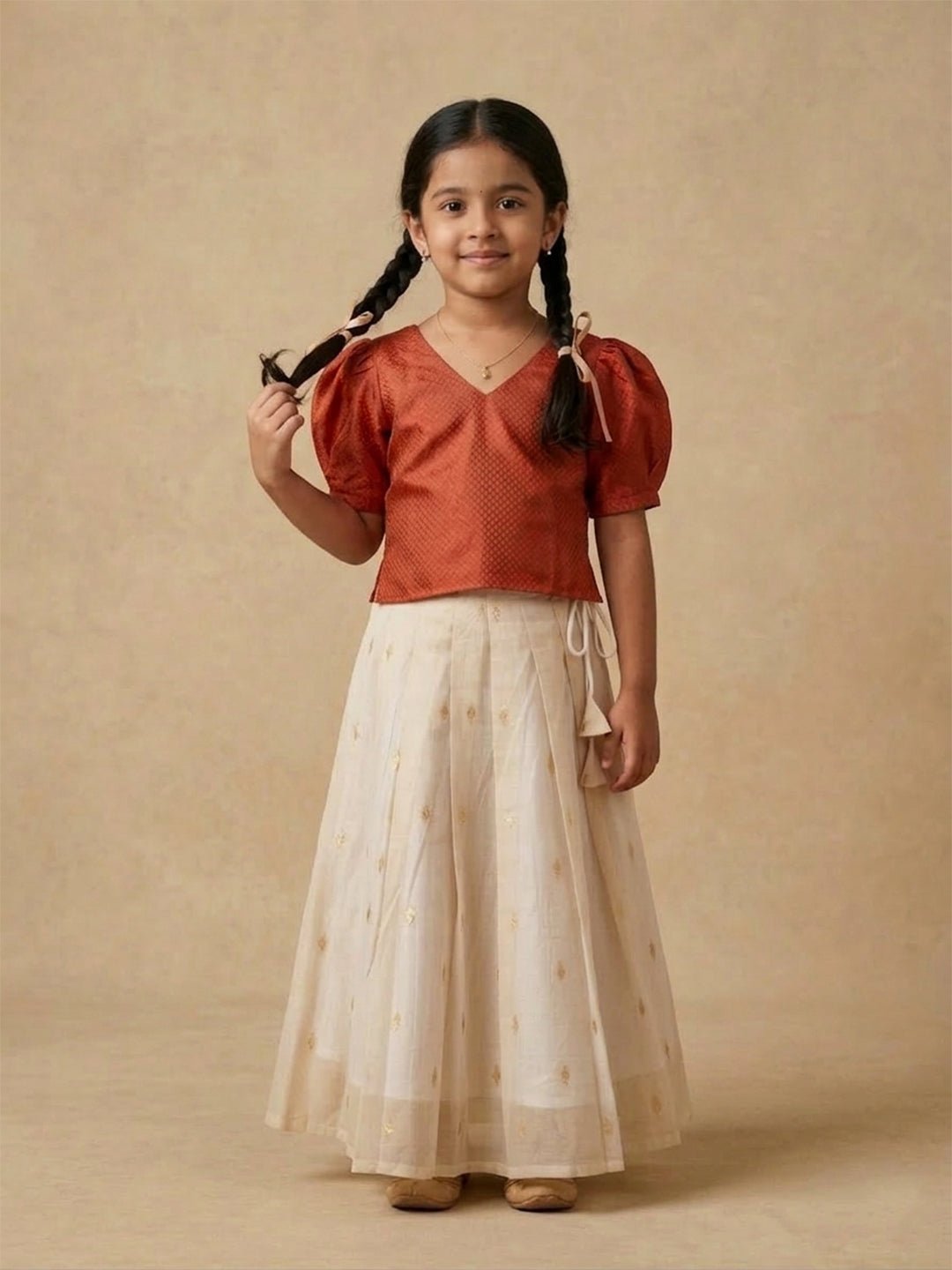 Kasavu Surya Off-White Pattu Pavada Skirt Set For Girls