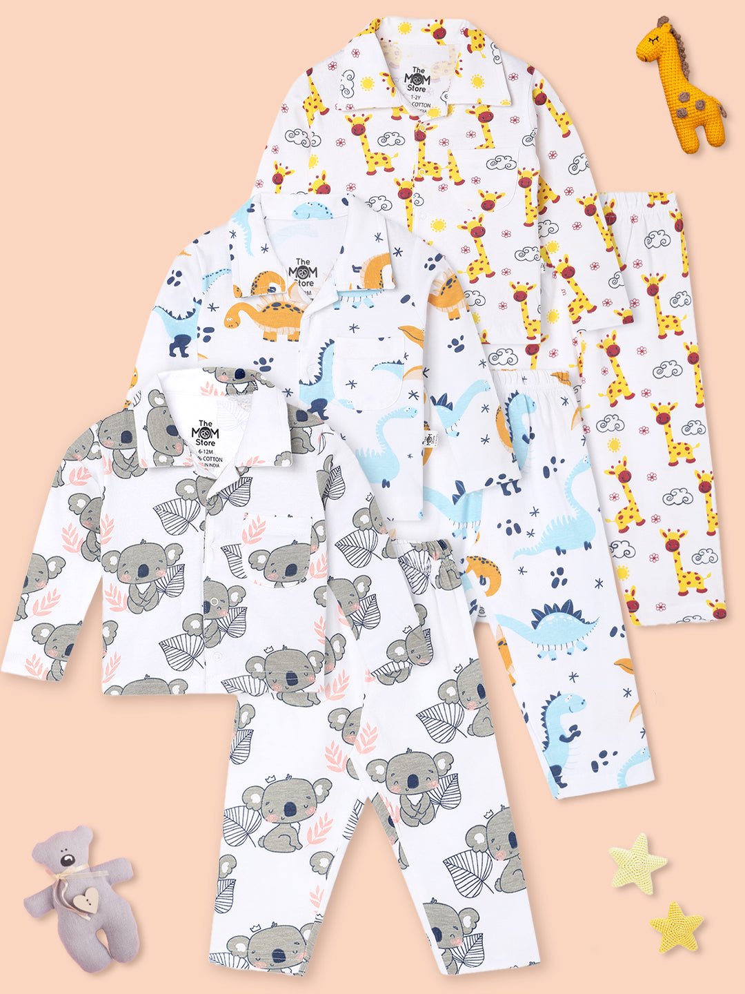 Multi Baby Koala Giraffe Dino Pajama Set For Kids
