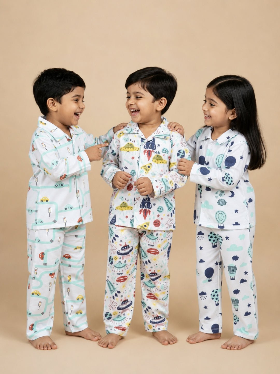 Multicolor City Drive Space Air Pajama Set Combo For Kids