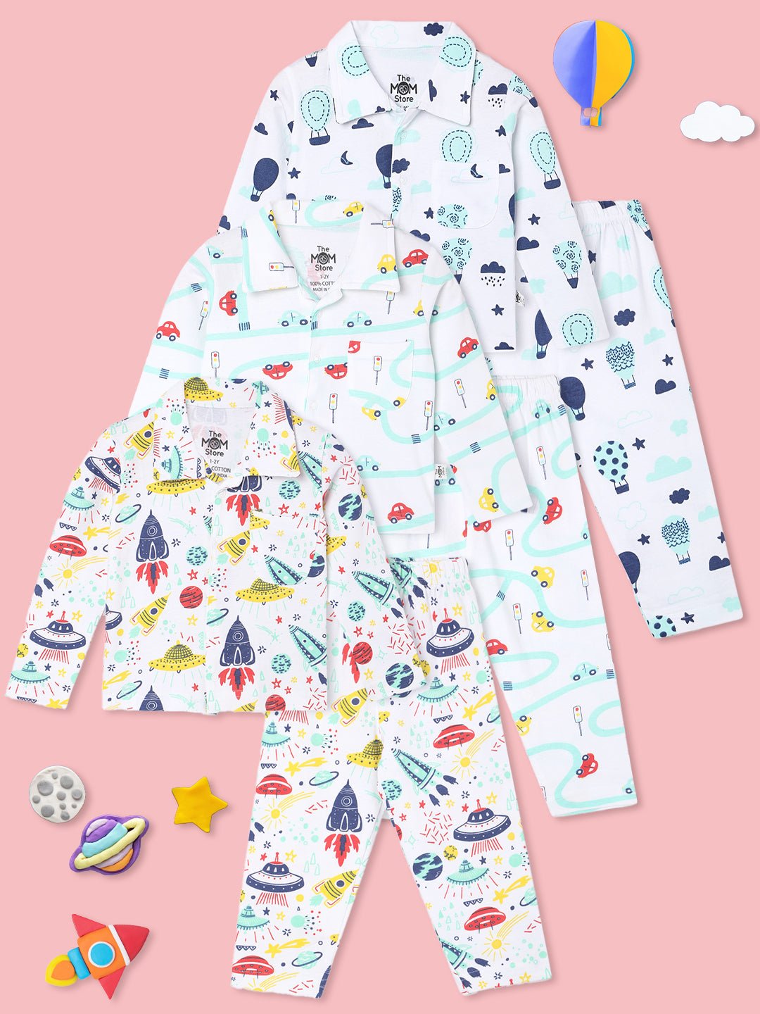 Multicolor City Drive Space Air Pajama Set Combo For Kids