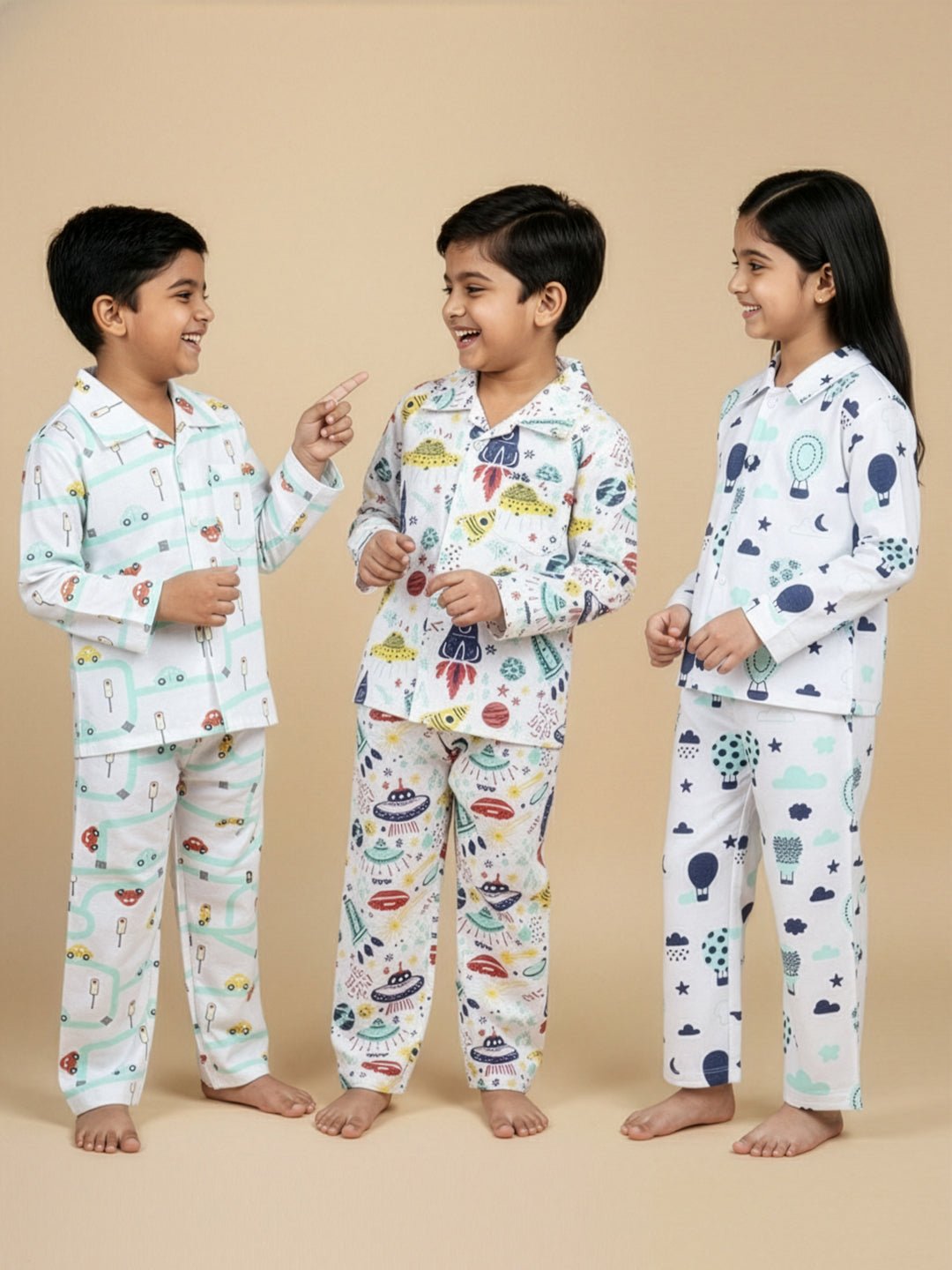 Multicolor City Drive Space Air Pajama Set Combo For Kids