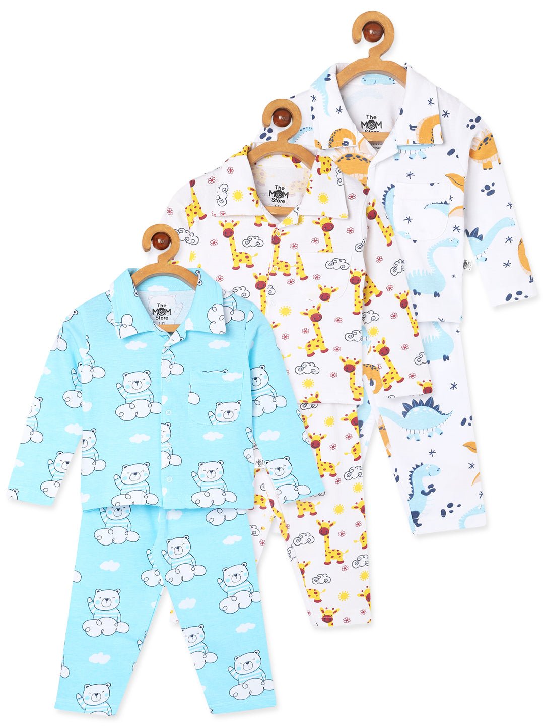Multicolor Dino Bear Giraffe Printed Cotton Pajama Nightsuit Set For Kids