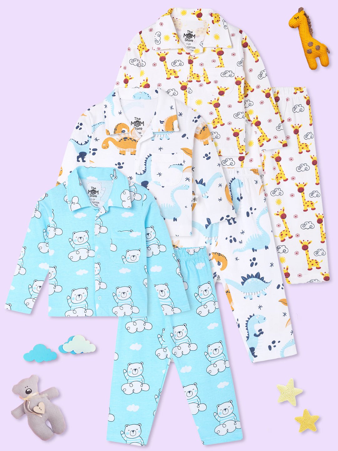 Multicolor Dino Bear Giraffe Printed Cotton Pajama Nightsuit Set For Kids