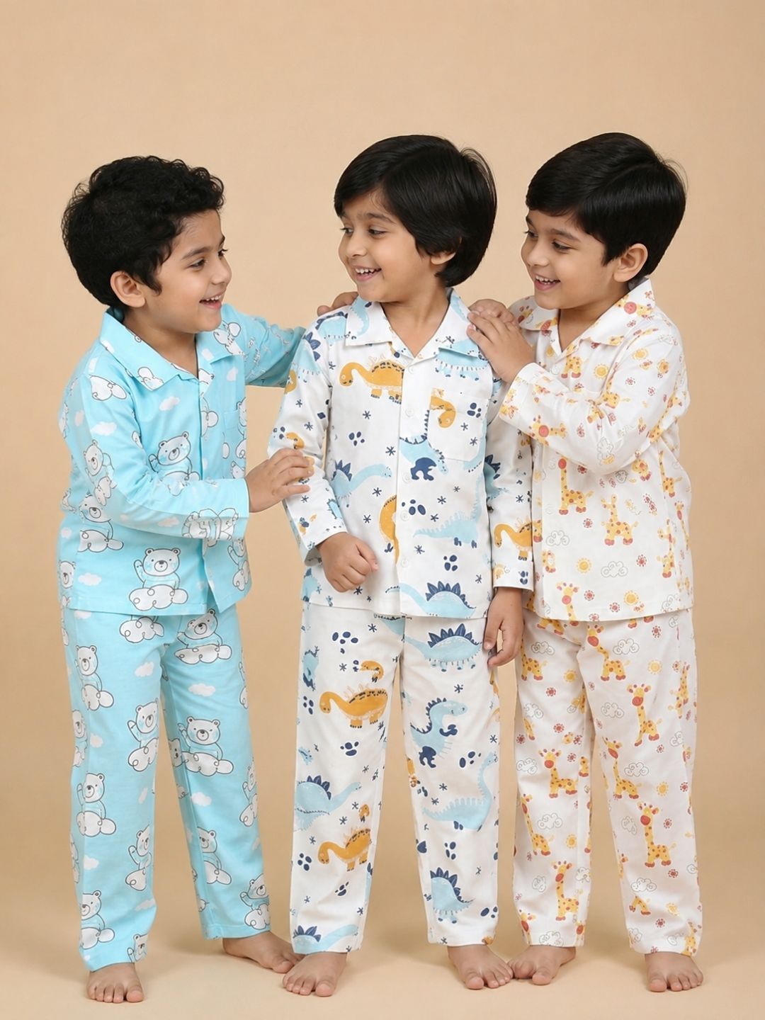 Multicolor Dino Bear Giraffe Printed Cotton Pajama Nightsuit Set For Kids