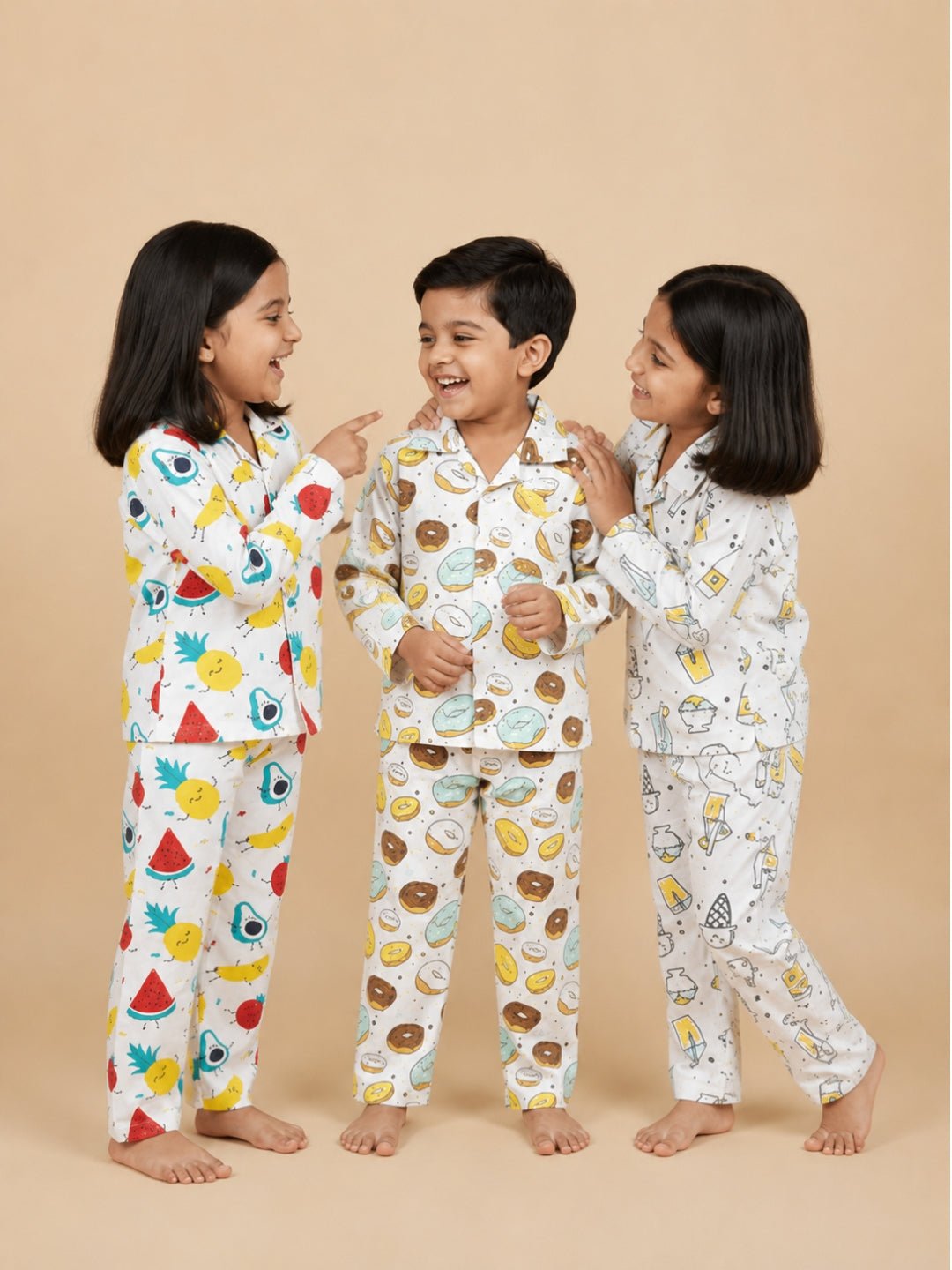 Multicolor Fruity Cutie Smoothie Doughnut Pajama Set For Kids