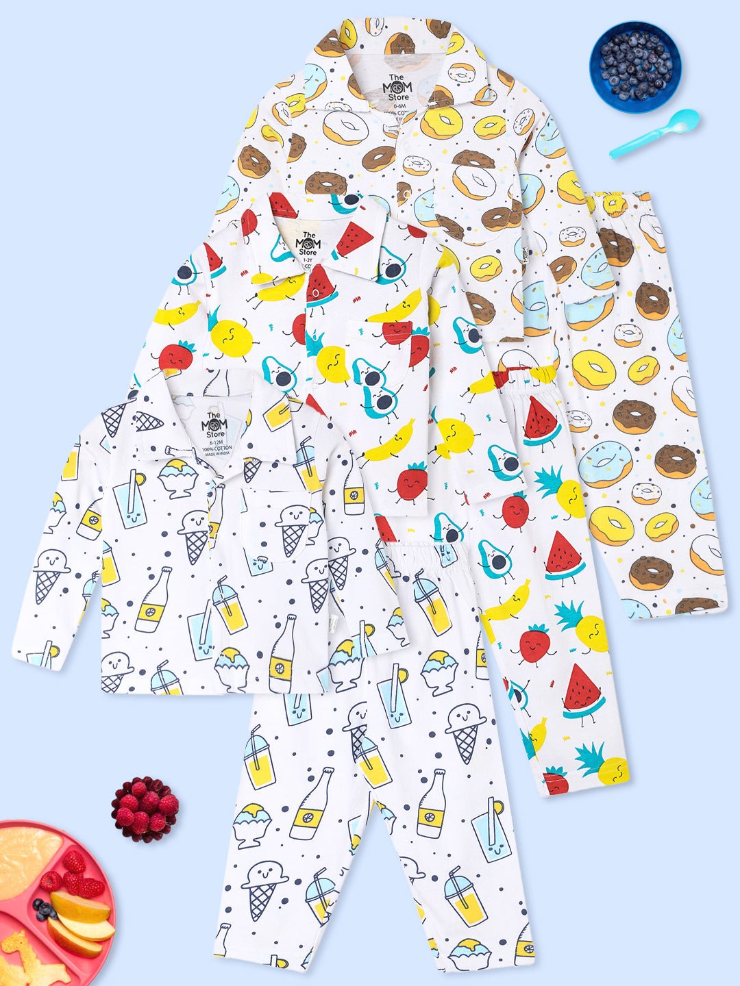 Multicolor Fruity Cutie Smoothie Doughnut Pajama Set For Kids