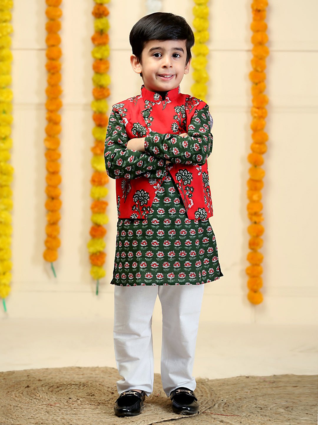 Red Floral Print Boys Jacket and Kurta Pajama Set