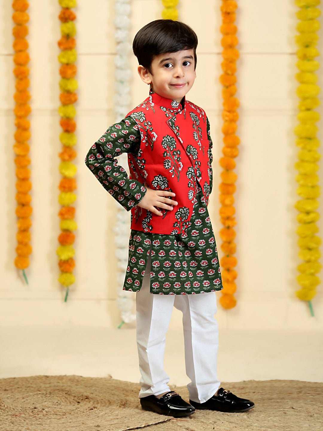 Red Floral Print Boys Jacket and Kurta Pajama Set