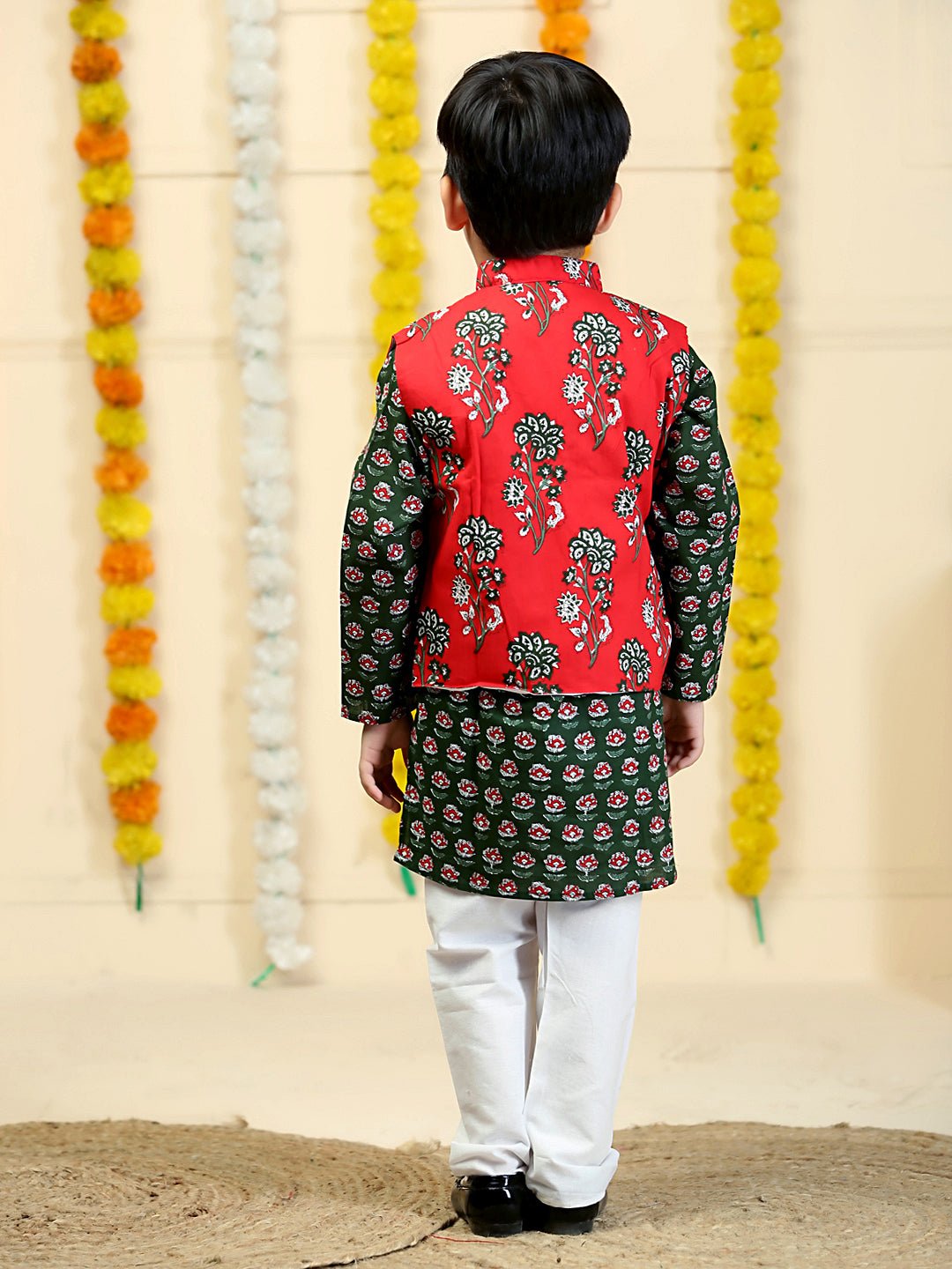 Red Floral Print Boys Jacket and Kurta Pajama Set