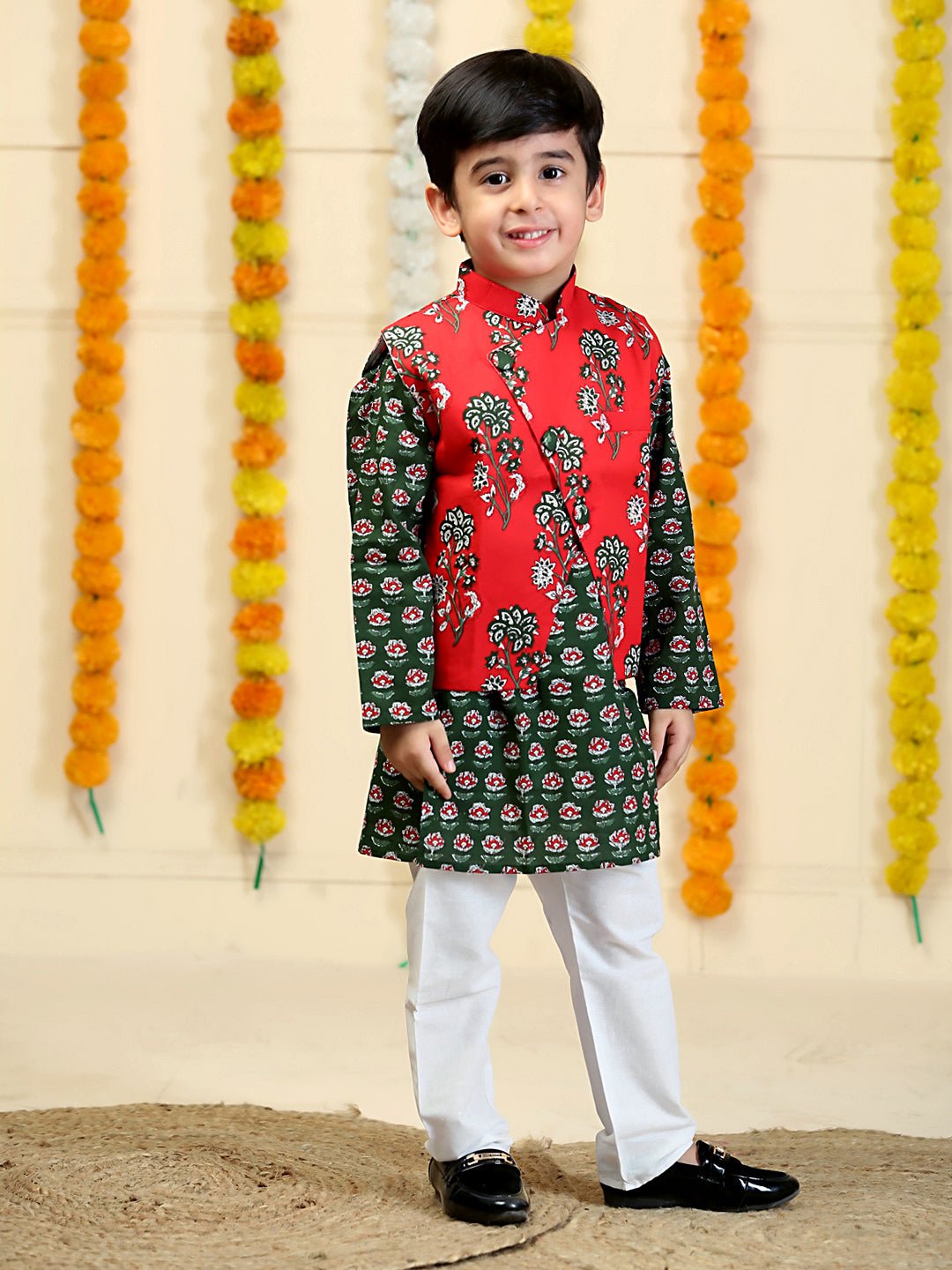 Red Floral Print Boys Jacket and Kurta Pajama Set