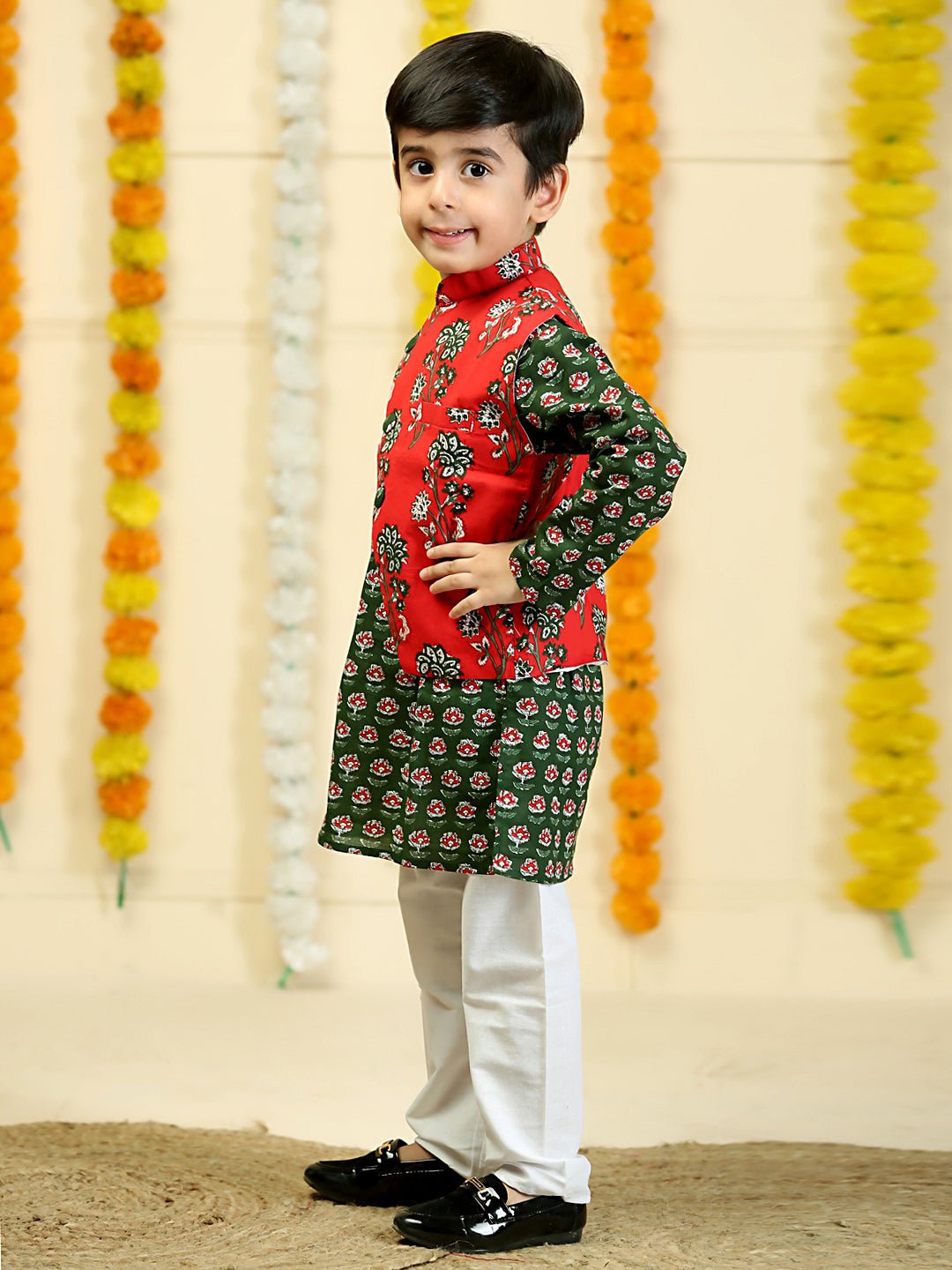 Red Floral Print Boys Jacket and Kurta Pajama Set
