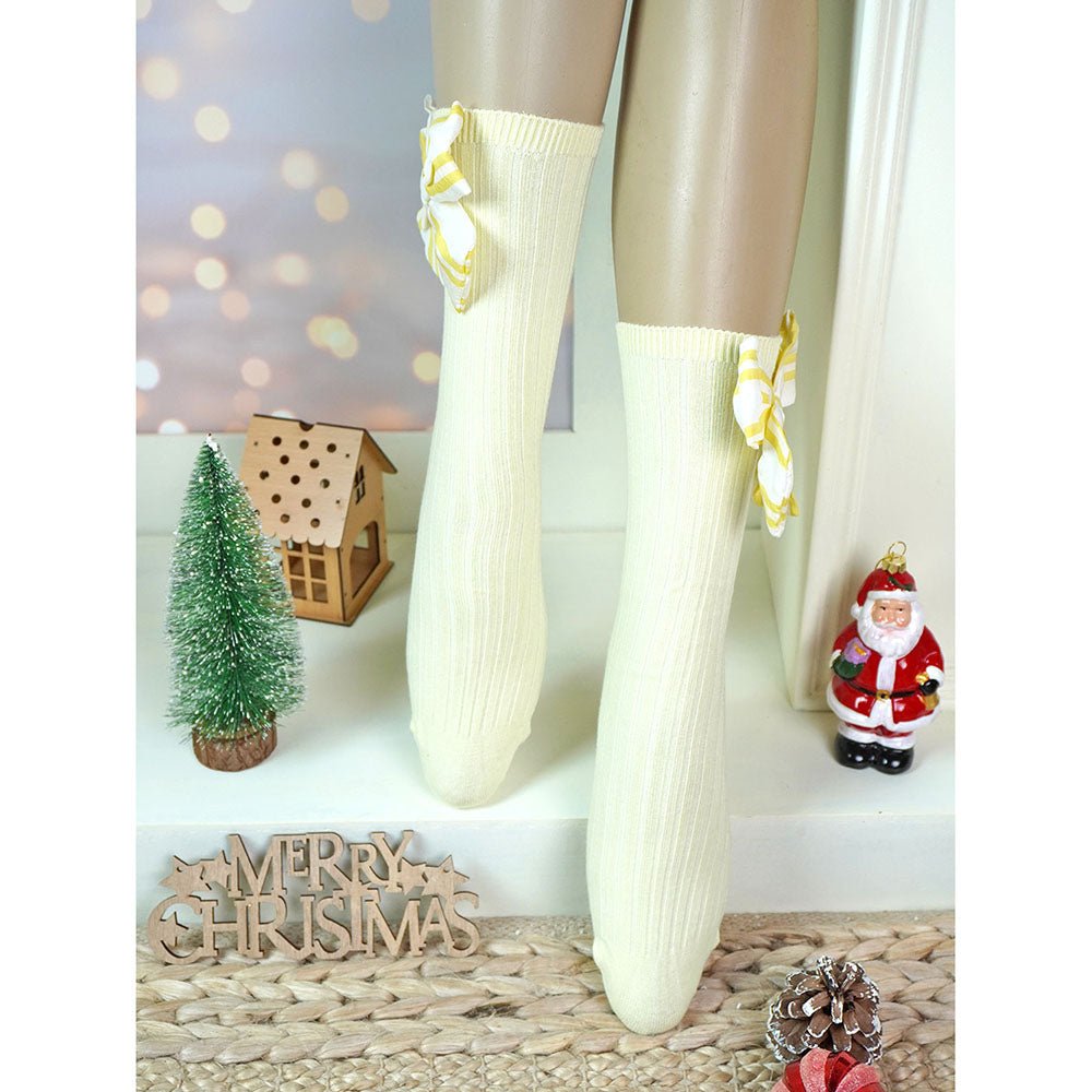 Little Surprise Box Lemon Yellow Striped 3d Big Bow Socks For Kids