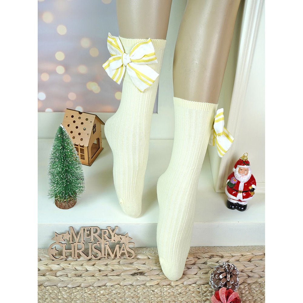 Little Surprise Box Lemon Yellow Striped 3d Big Bow Socks For Kids
