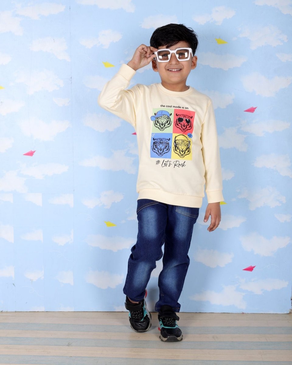 Beige Let's Rock Tiger Print Sweatshirt For Boys