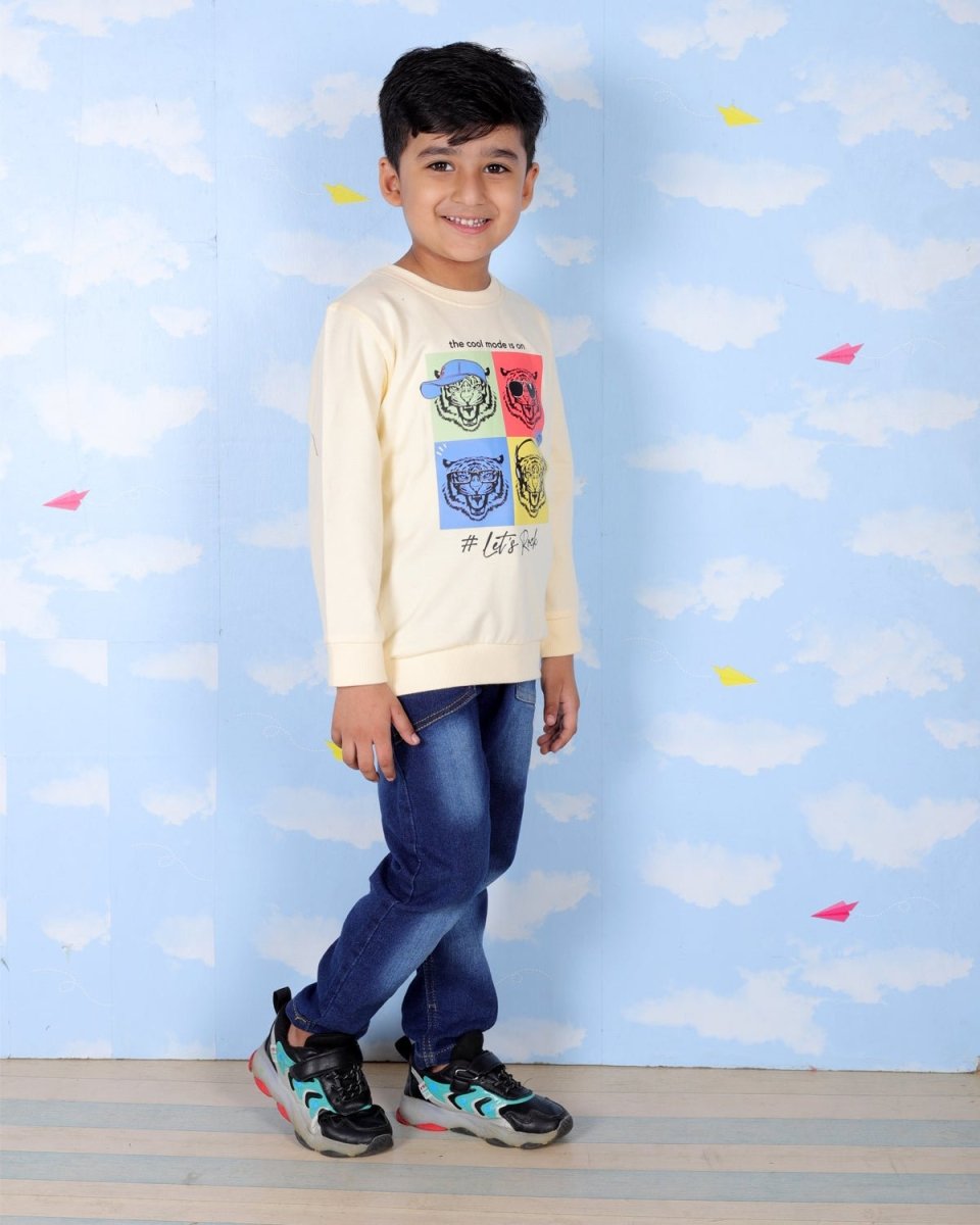 Beige Let's Rock Tiger Print Sweatshirt For Boys