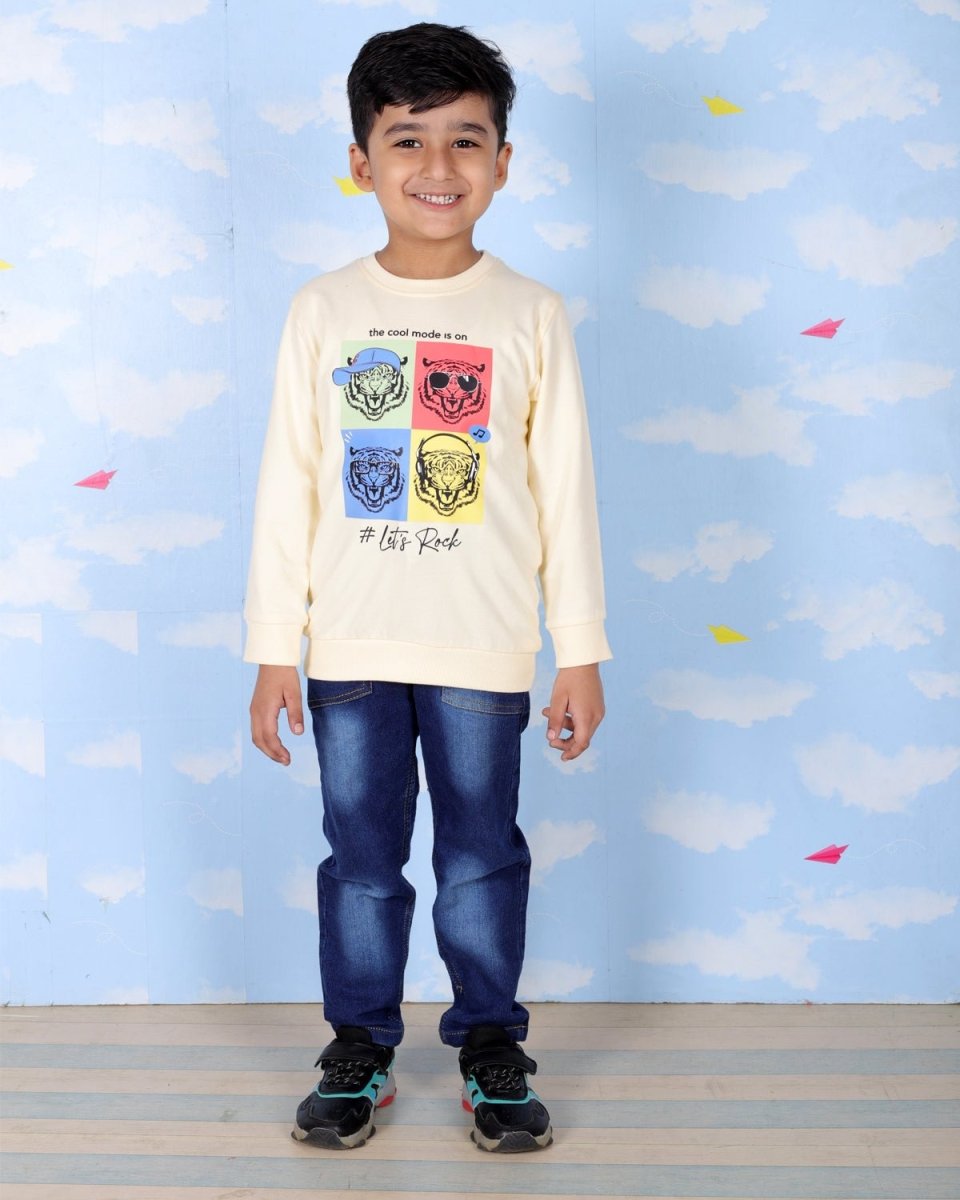 Beige Let's Rock Tiger Print Sweatshirt For Boys