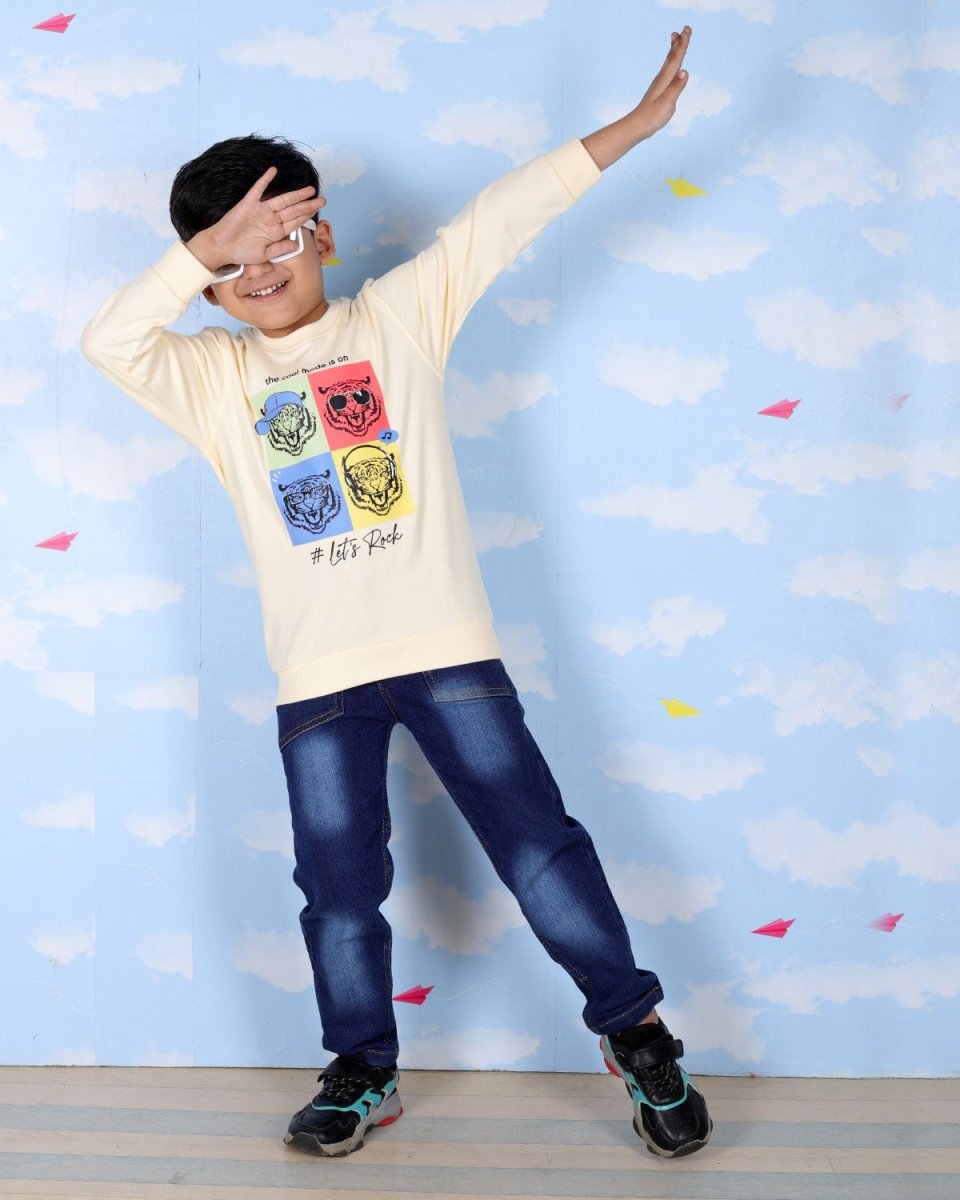 Beige Let's Rock Tiger Print Sweatshirt For Boys