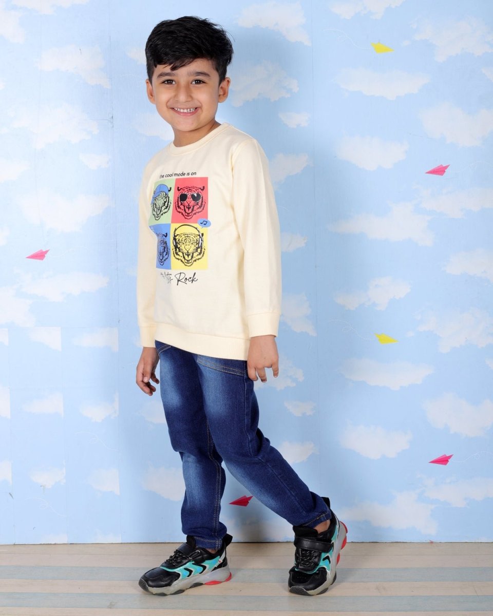 Beige Let's Rock Tiger Print Sweatshirt For Boys