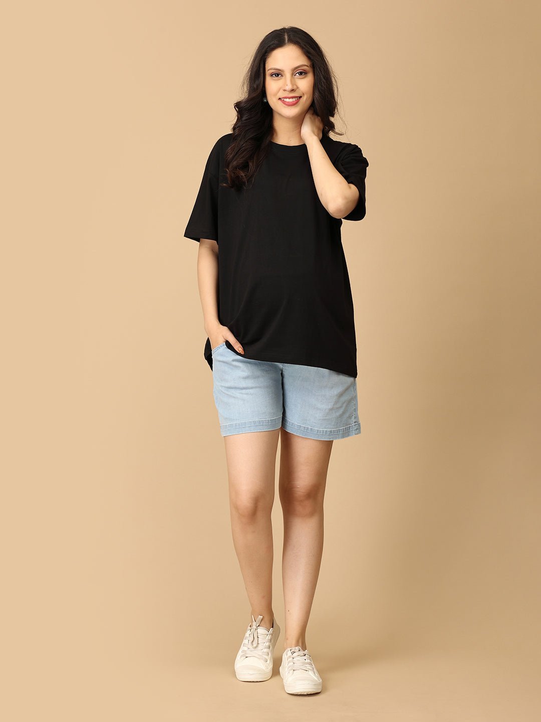 Knit Maternity Denim Shorts with Belly Support Light Blue