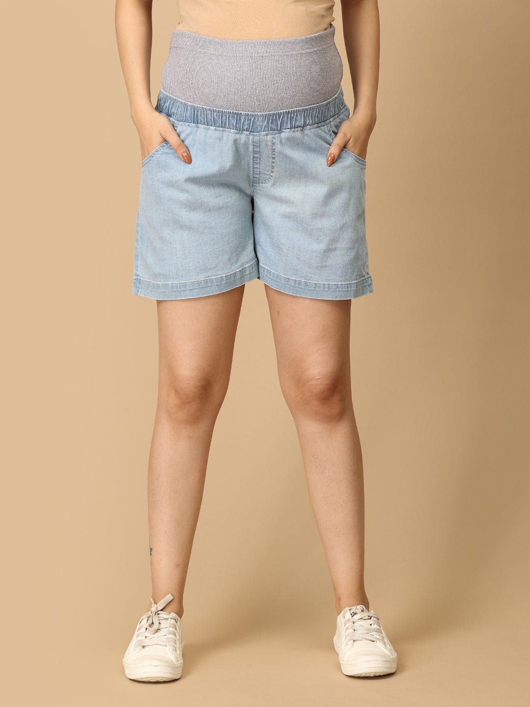  Knit Maternity Denim Shorts with Belly Support Light Blue