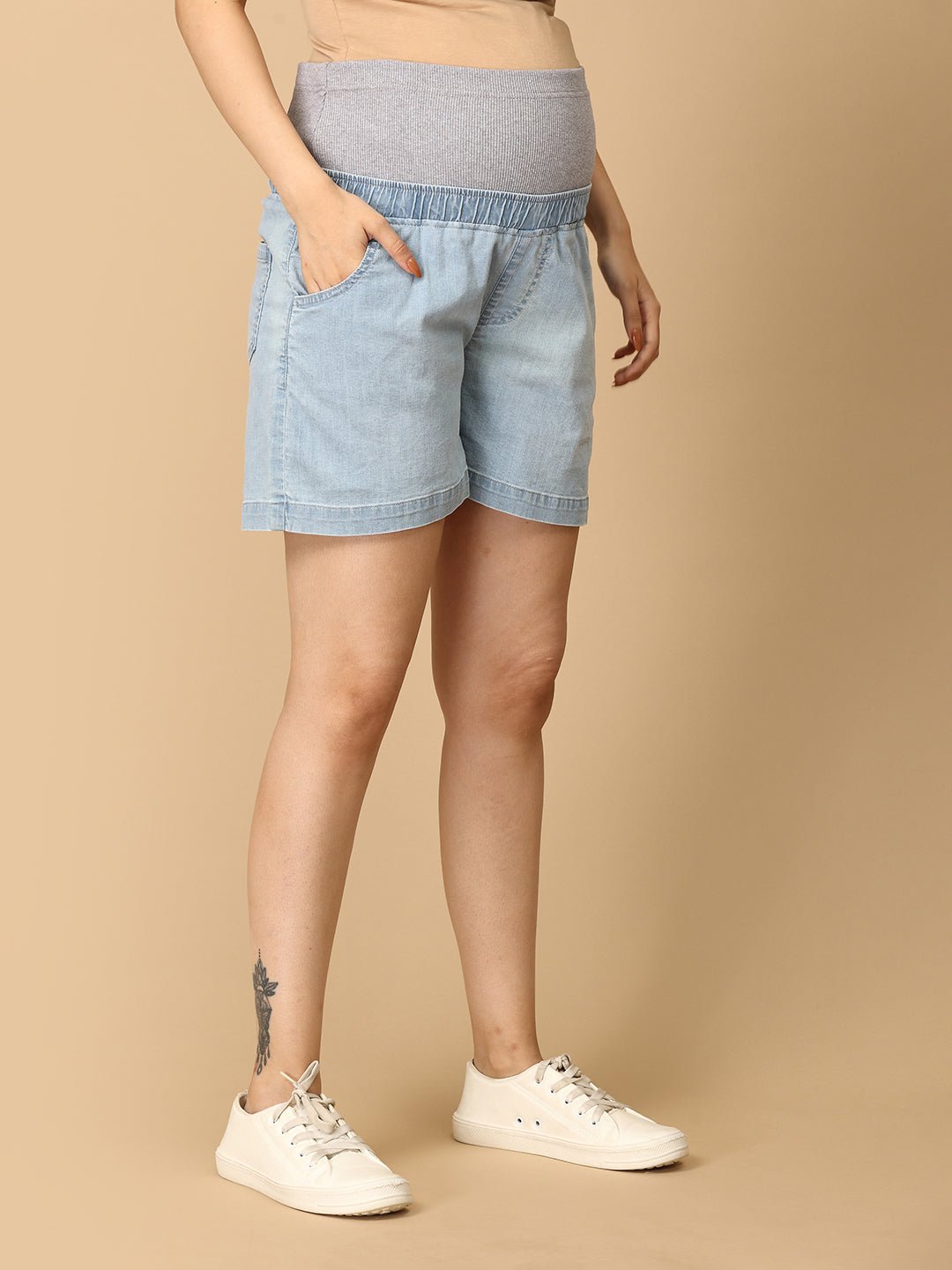  Knit Maternity Denim Shorts with Belly Support Light Blue