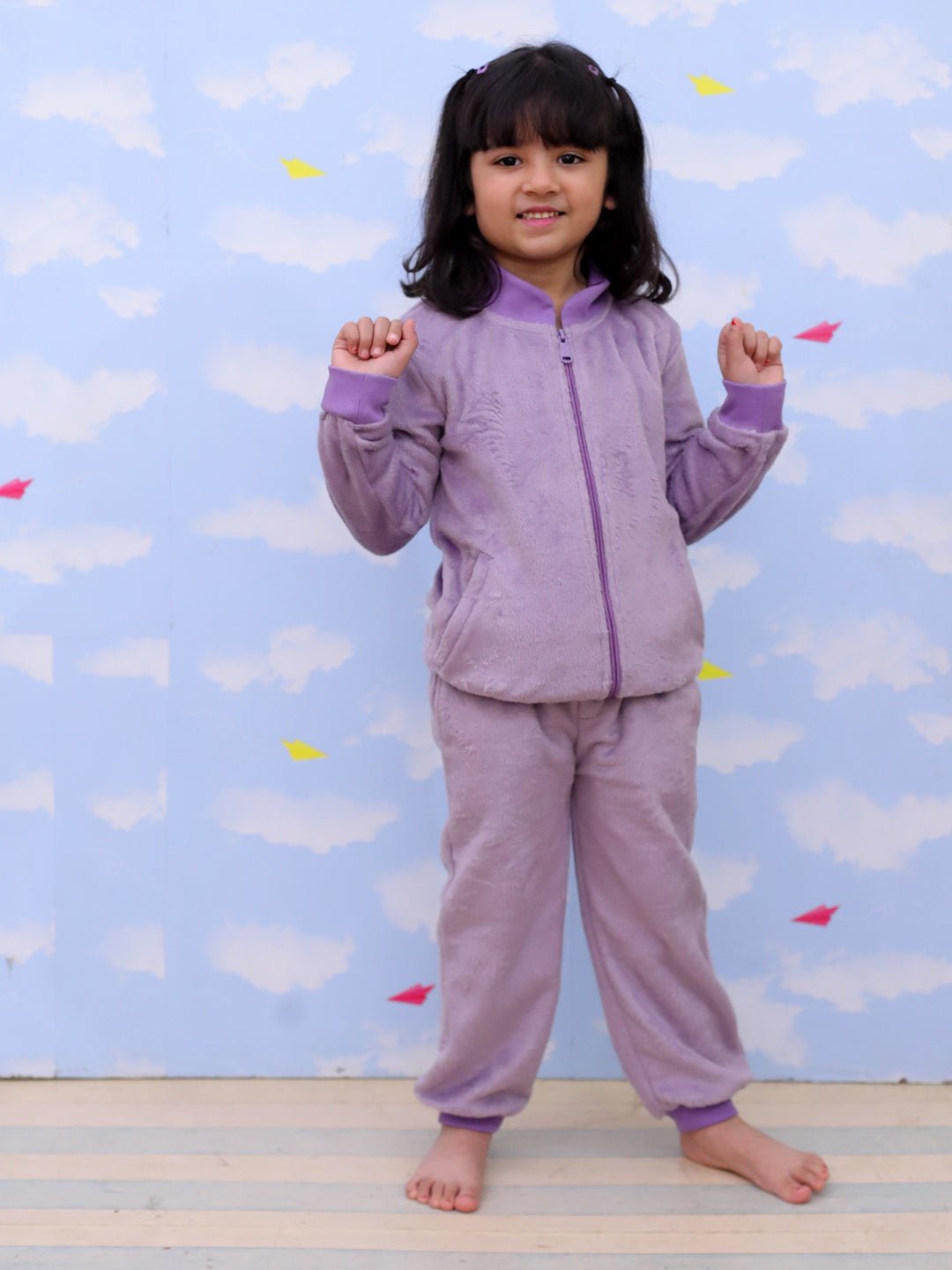  Purple Lilac Fluffies Fleece Zipper Jacket Sweatpants Set For Kids
