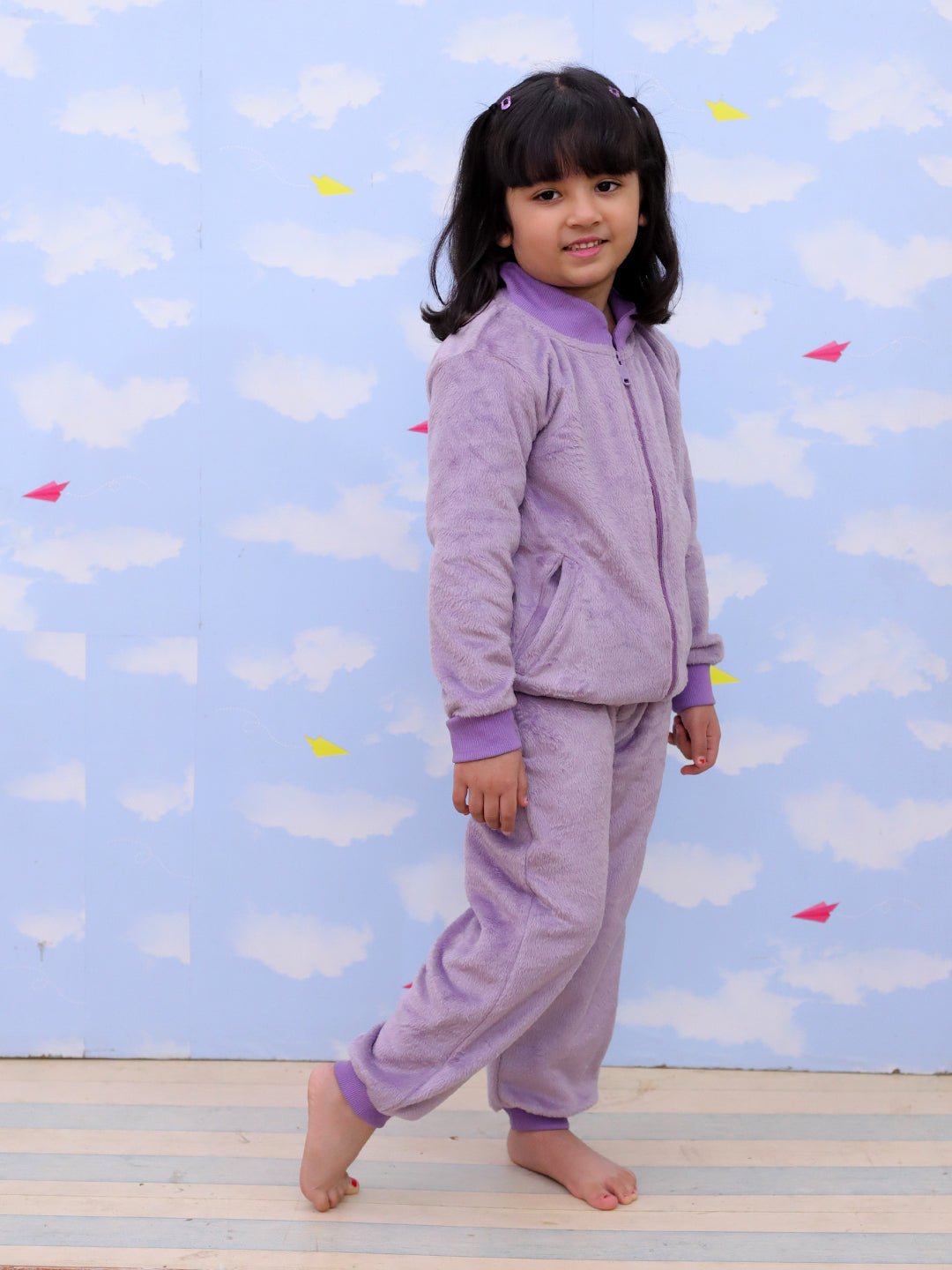  Purple Lilac Fluffies Fleece Zipper Jacket Sweatpants Set For Kids