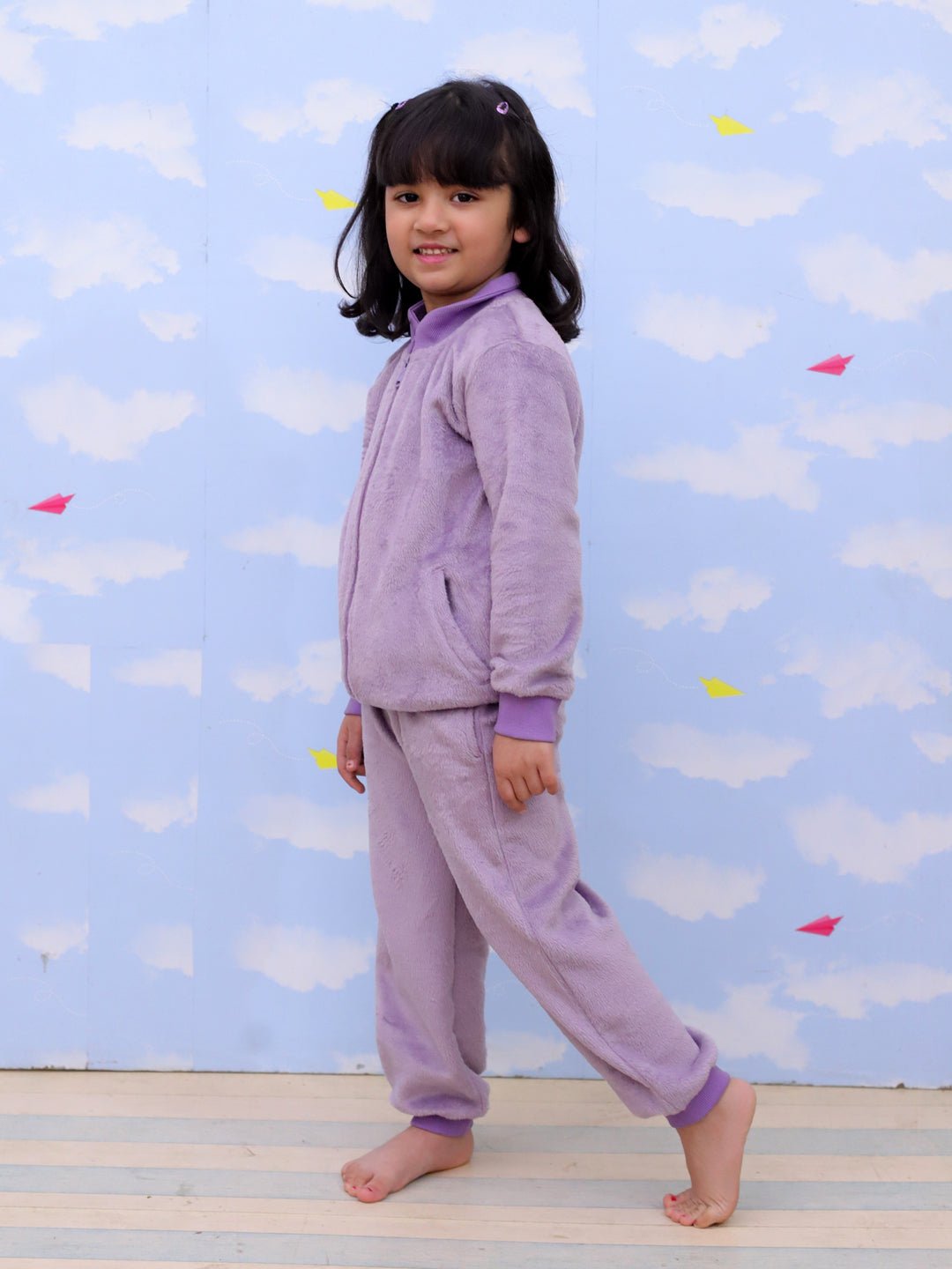  Purple Lilac Fluffies Fleece Zipper Jacket Sweatpants Set For Kids