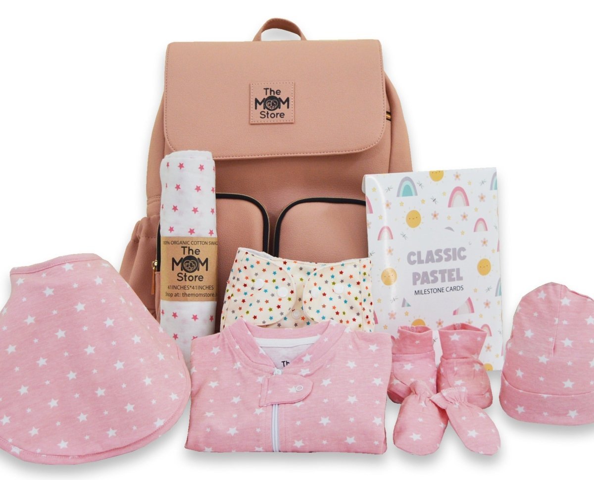 Pink 9 PCS Newborn Baby Gift Box With Diaper Bag And Milestone Cards