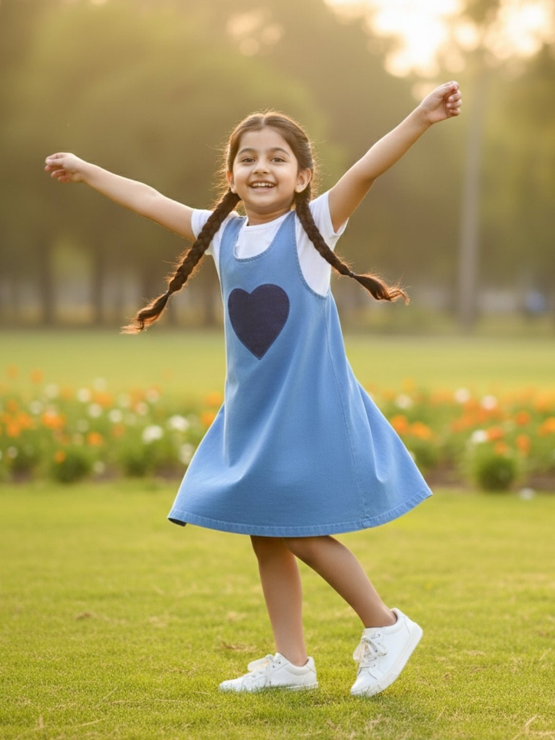 Blue Denim Heart Pocket Girls Pinafore Dress