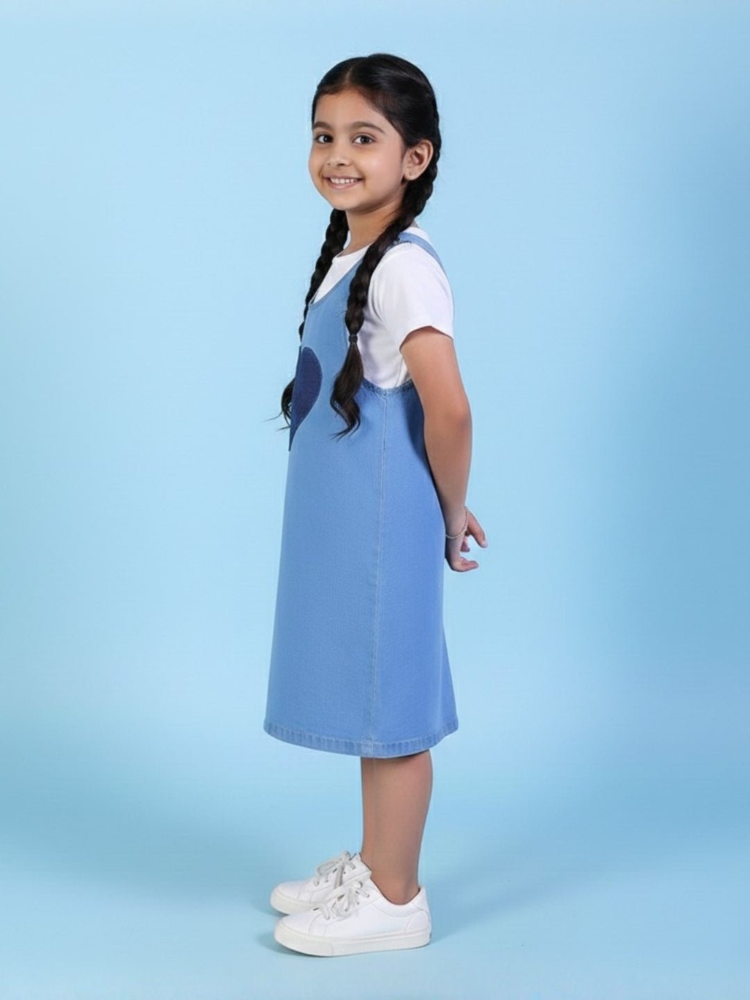 Blue Denim Heart Pocket Girls Pinafore Dress