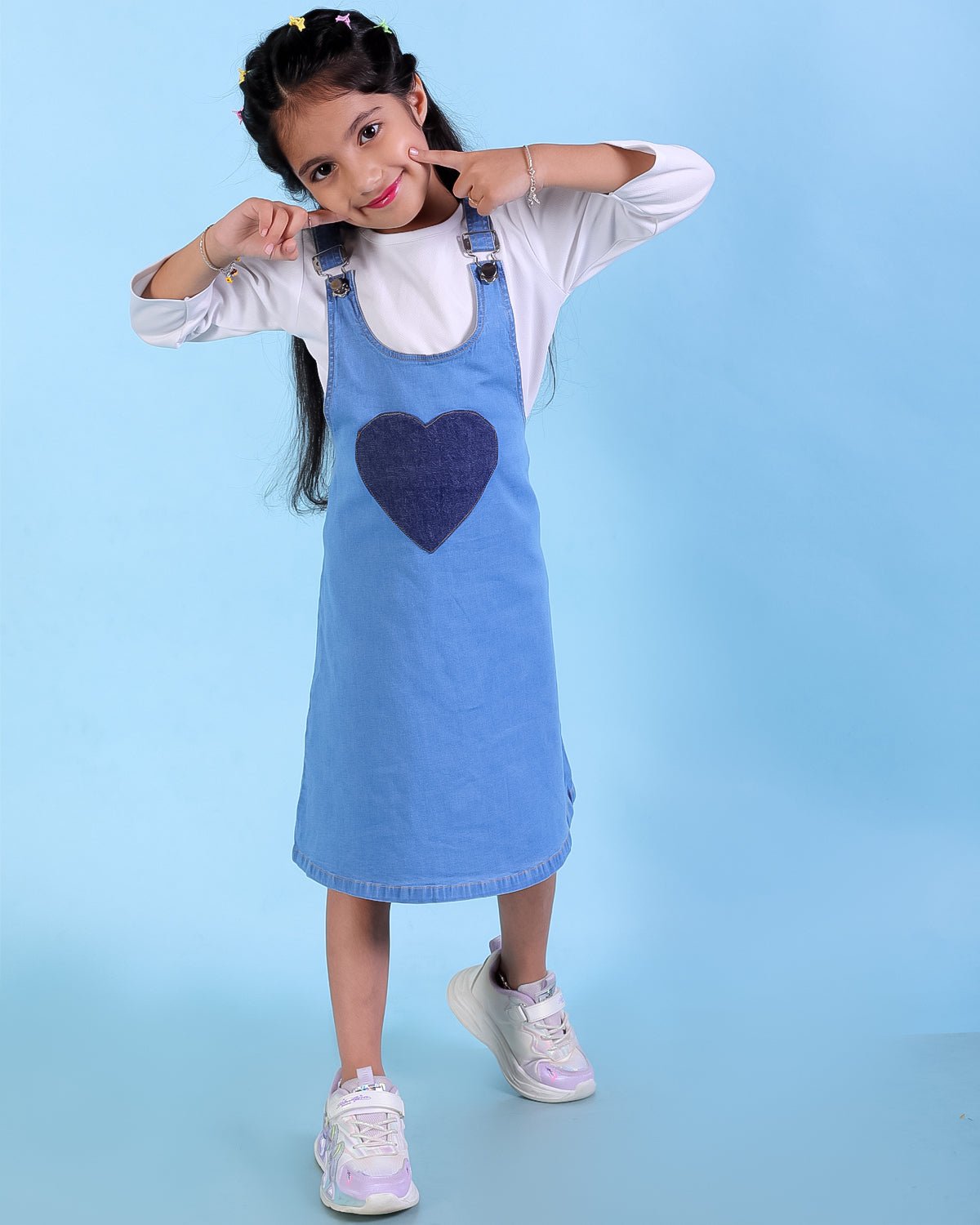 Blue Denim Heart Pocket Girls Pinafore Dress