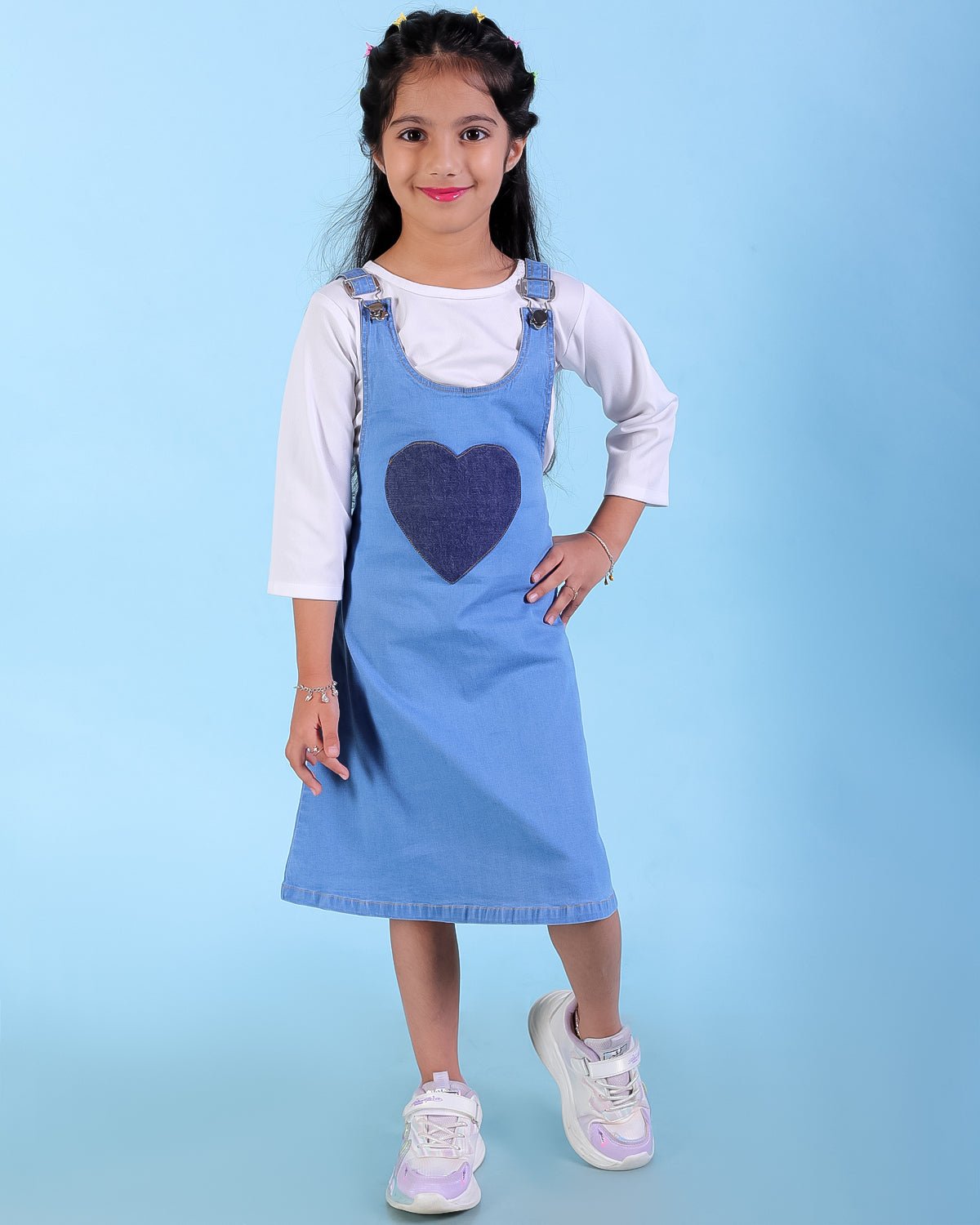 Blue Denim Heart Pocket Girls Pinafore Dress