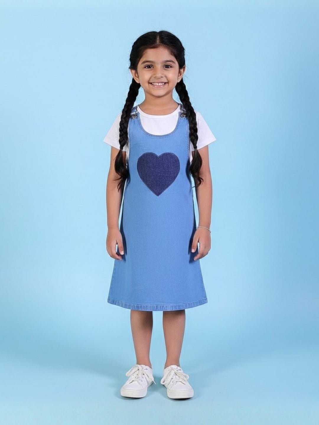 Blue Denim Heart Pocket Girls Pinafore Dress