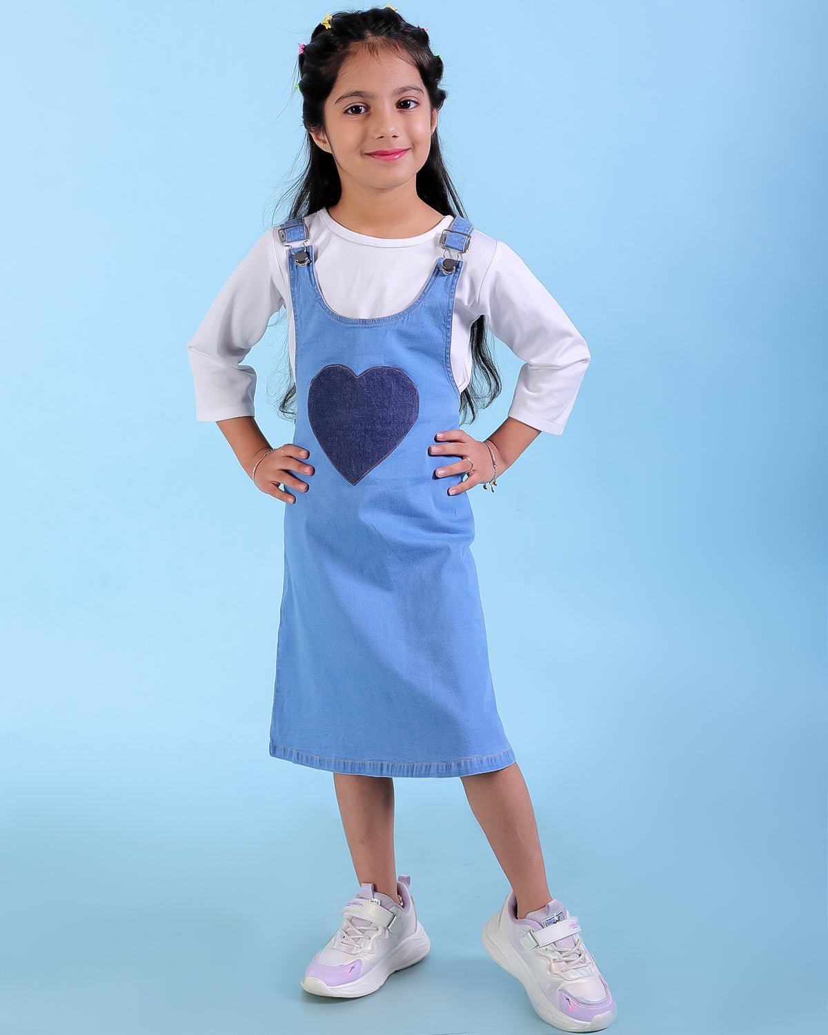 Blue Denim Heart Pocket Girls Pinafore Dress