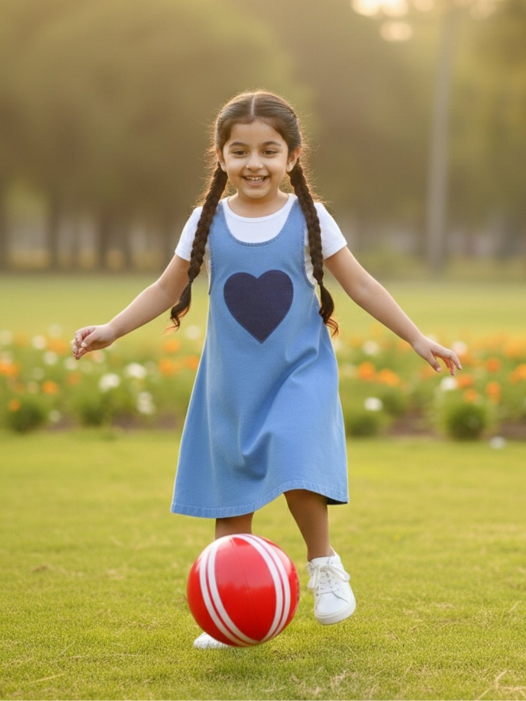 Blue Denim Heart Pocket Girls Pinafore Dress