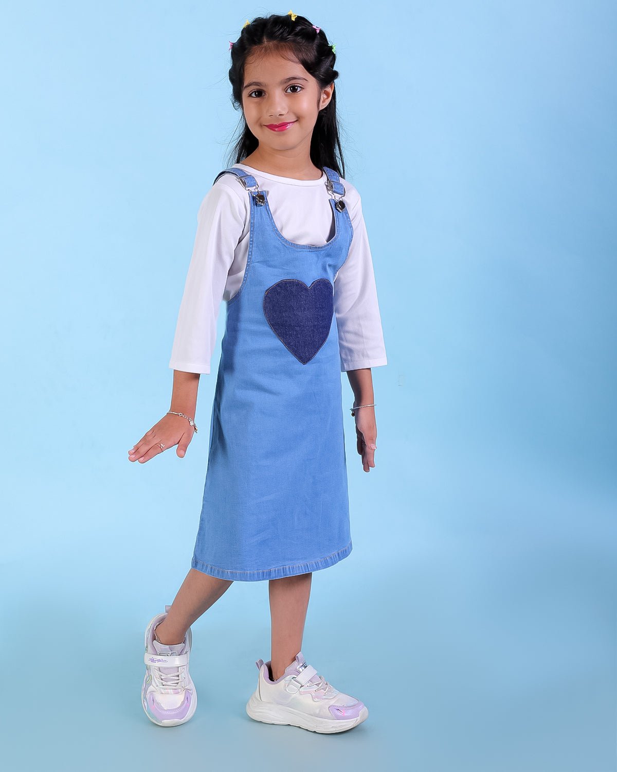 Blue Denim Heart Pocket Girls Pinafore Dress