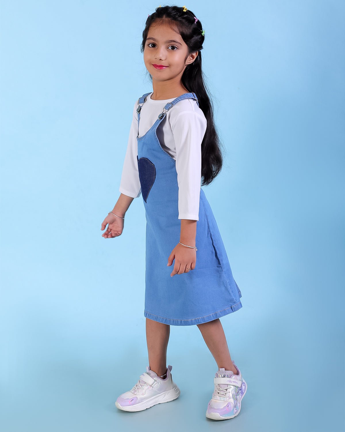 Blue Denim Heart Pocket Girls Pinafore Dress