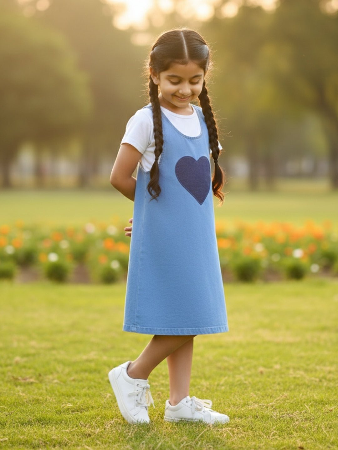 Blue Denim Heart Pocket Girls Pinafore Dress