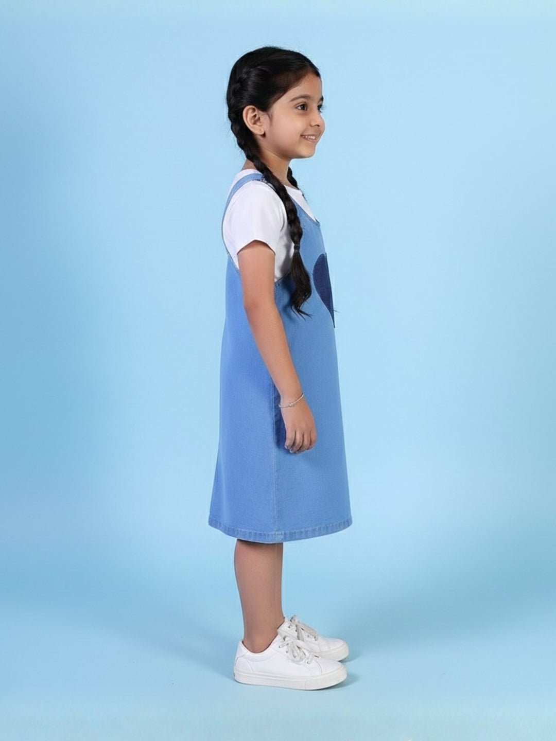 Blue Denim Heart Pocket Girls Pinafore Dress