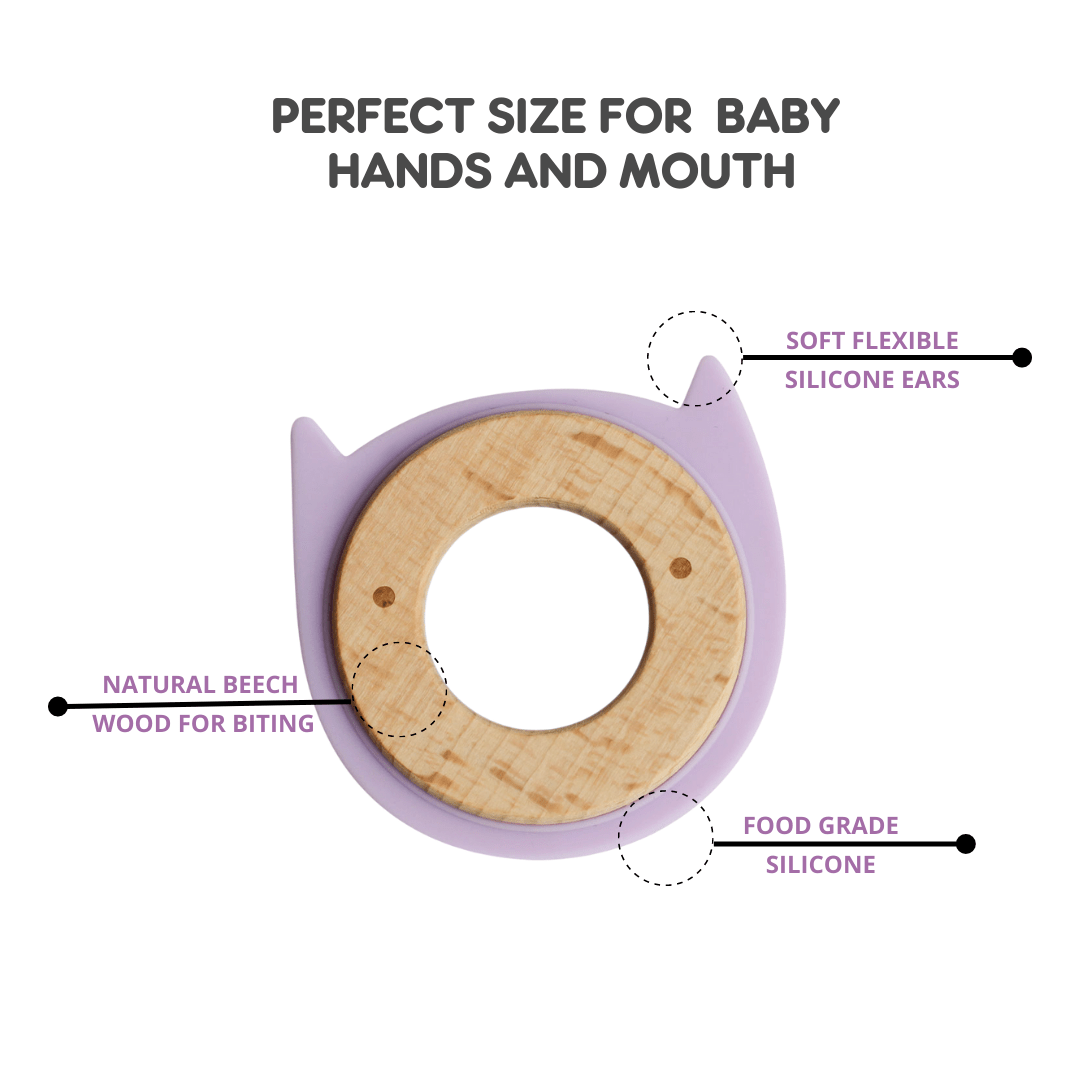 Little Rawr Kitty Purple Organic Wood Silicone Disc Teether For Babies