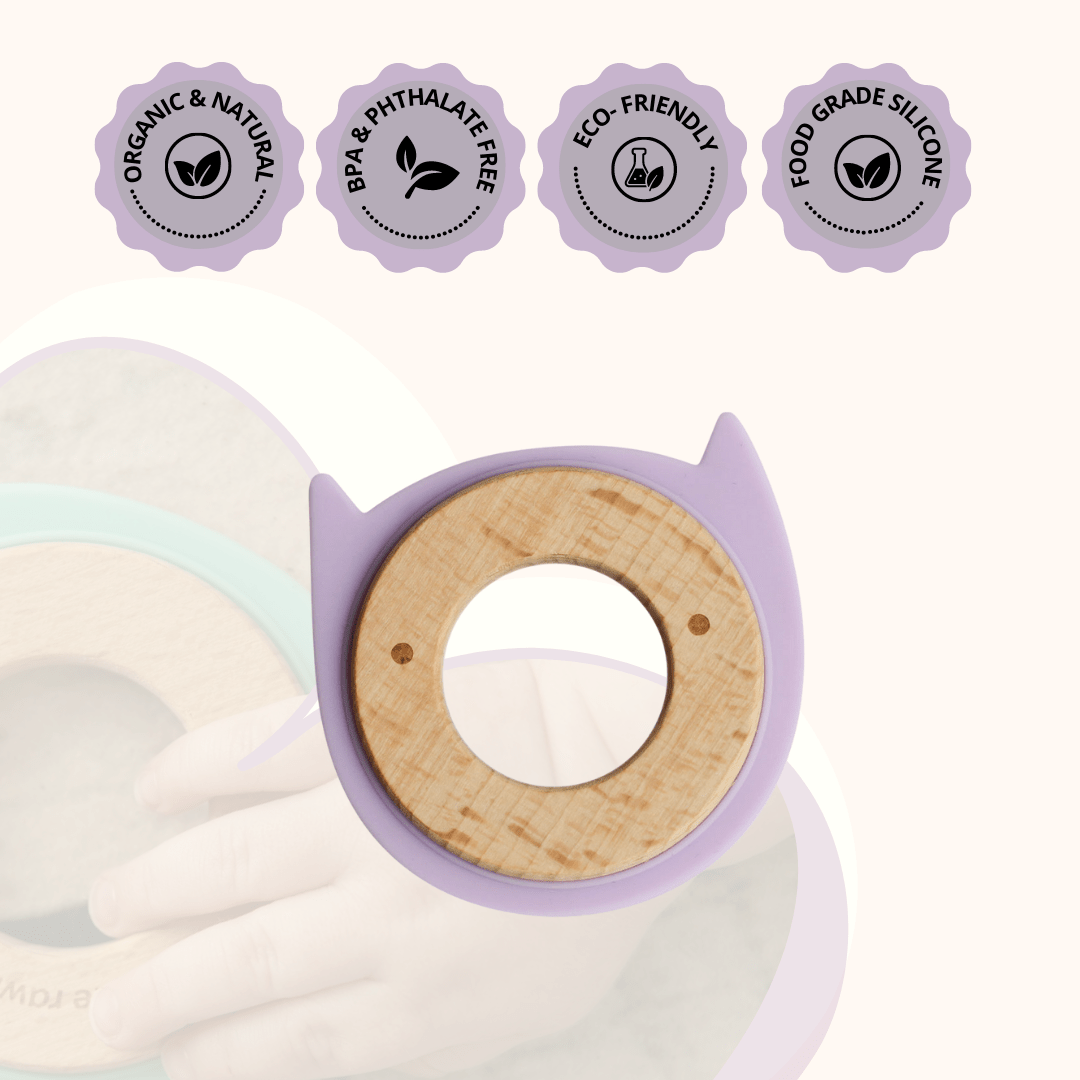 Little Rawr Kitty Purple Organic Wood Silicone Disc Teether For Babies