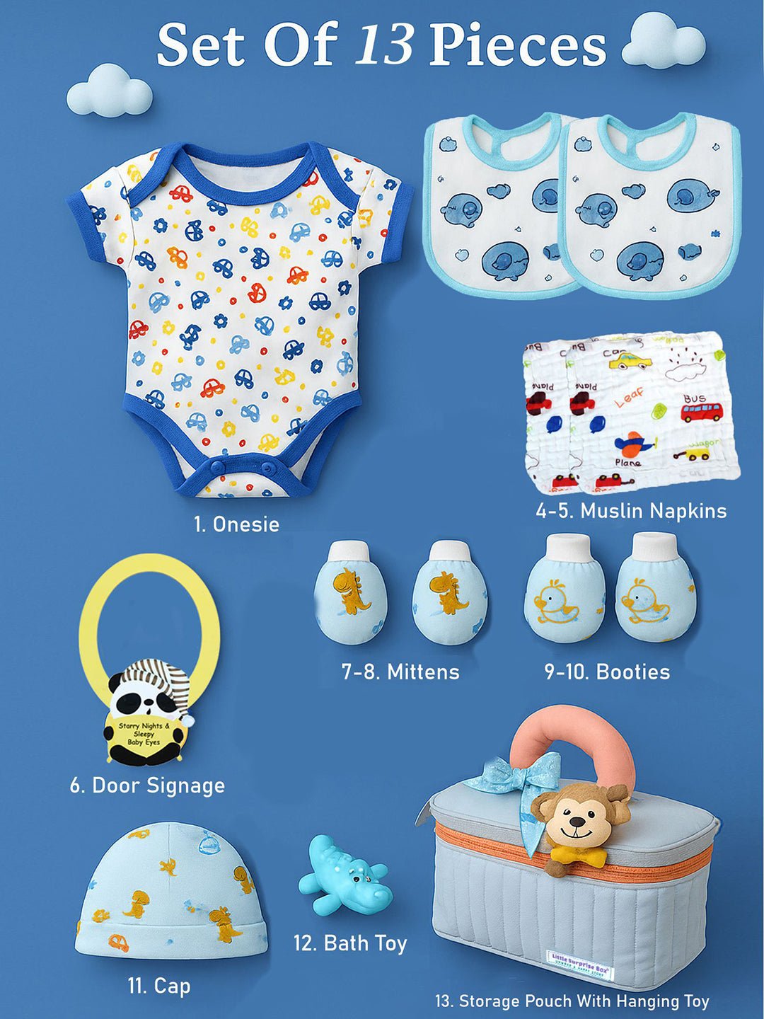Blue Monkey 13 PCS Newborn Baby Boy Gift Box With Pouch And Toy