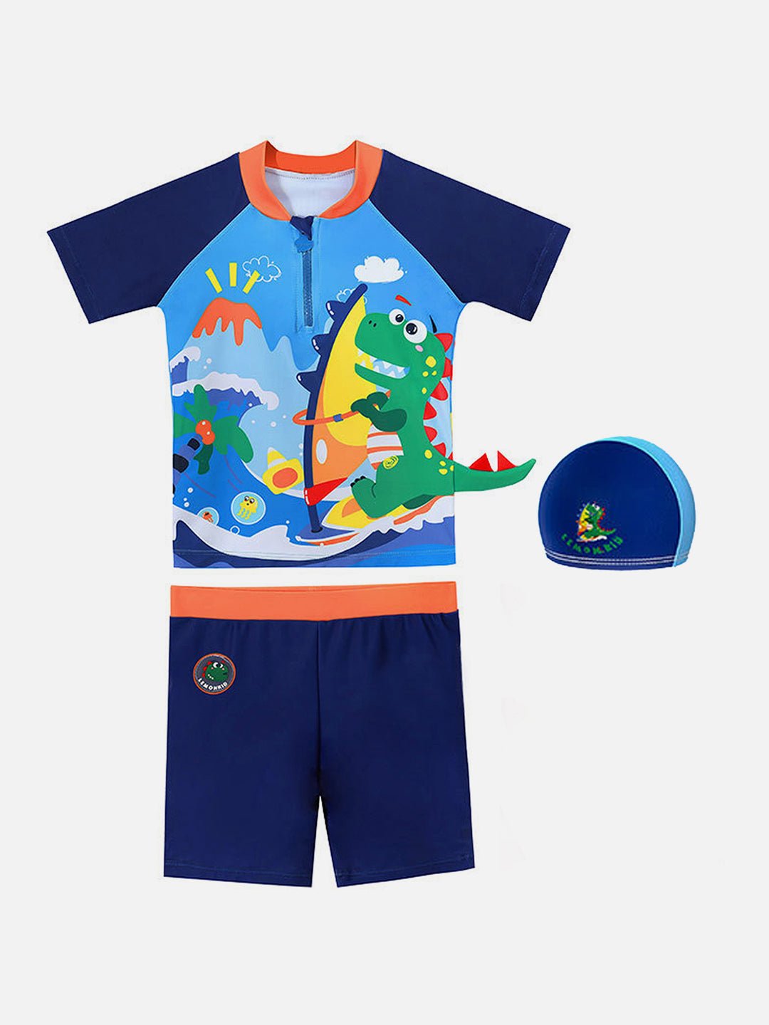 Blue 3D Dino Surfer Kids 2pcs Shirt and Shorts Set UPF 50+ Swimwear With Free Swim Bag