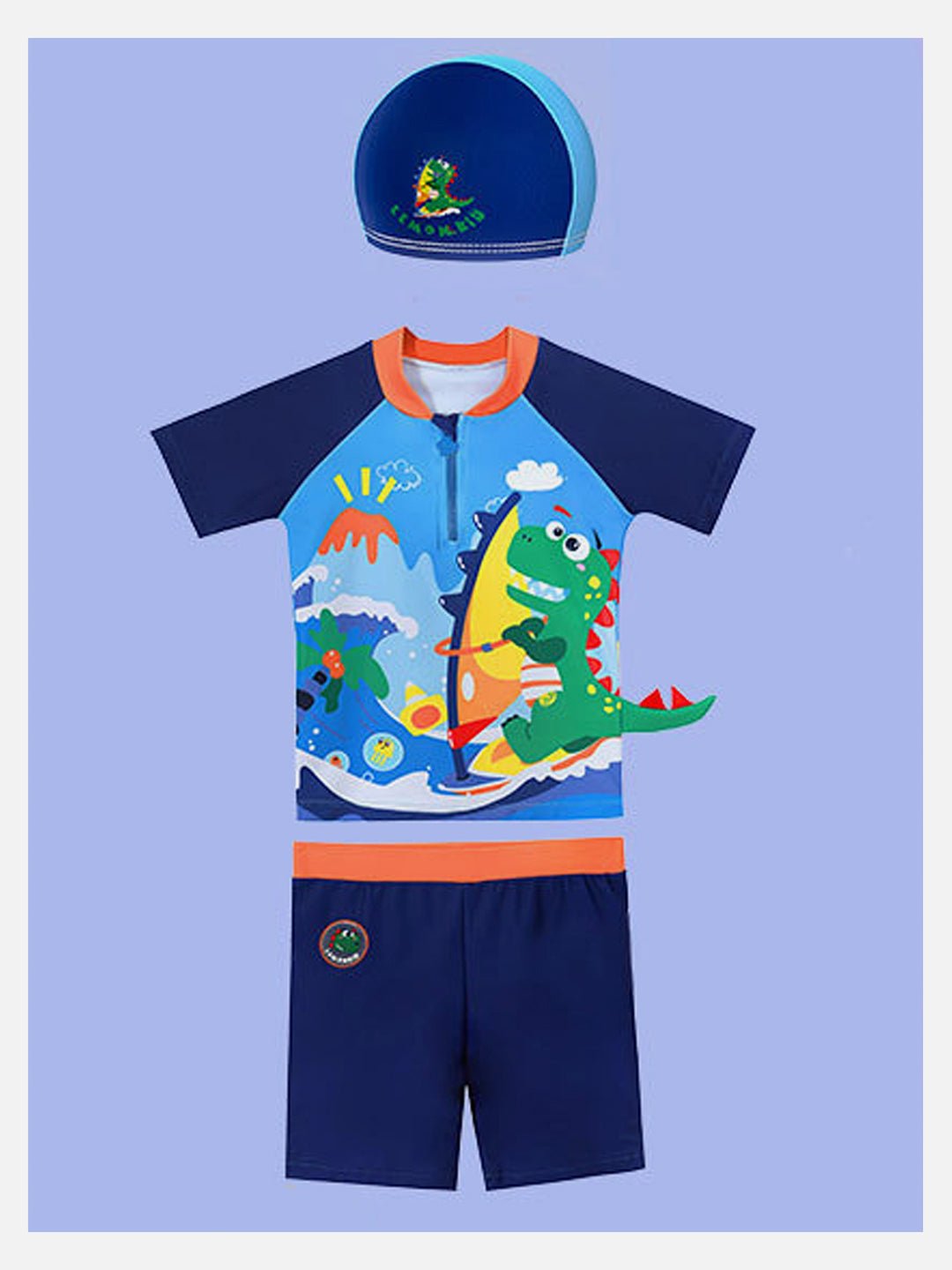 Blue 3D Dino Surfer Kids 2pcs Shirt and Shorts Set UPF 50+ Swimwear With Free Swim Bag