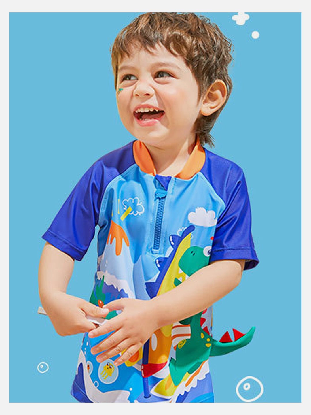 Blue 3D Dino Surfer Kids 2pcs Shirt and Shorts Set UPF 50+ Swimwear With Free Swim Bag