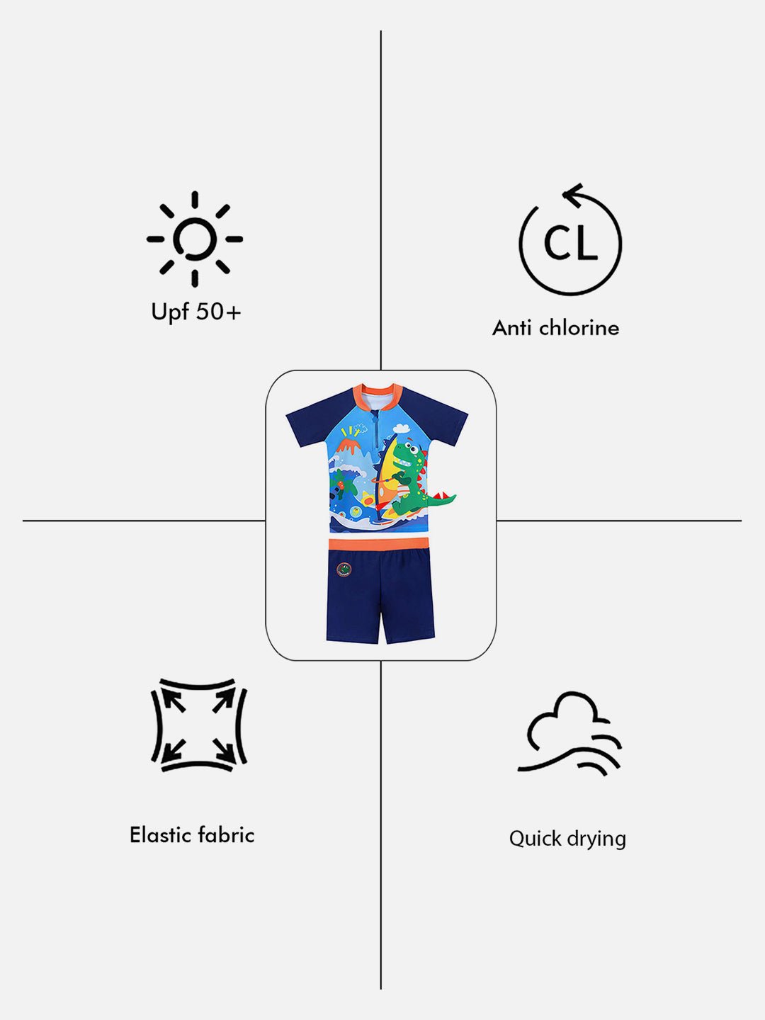 Blue 3D Dino Surfer Kids 2pcs Shirt and Shorts Set UPF 50+ Swimwear With Free Swim Bag