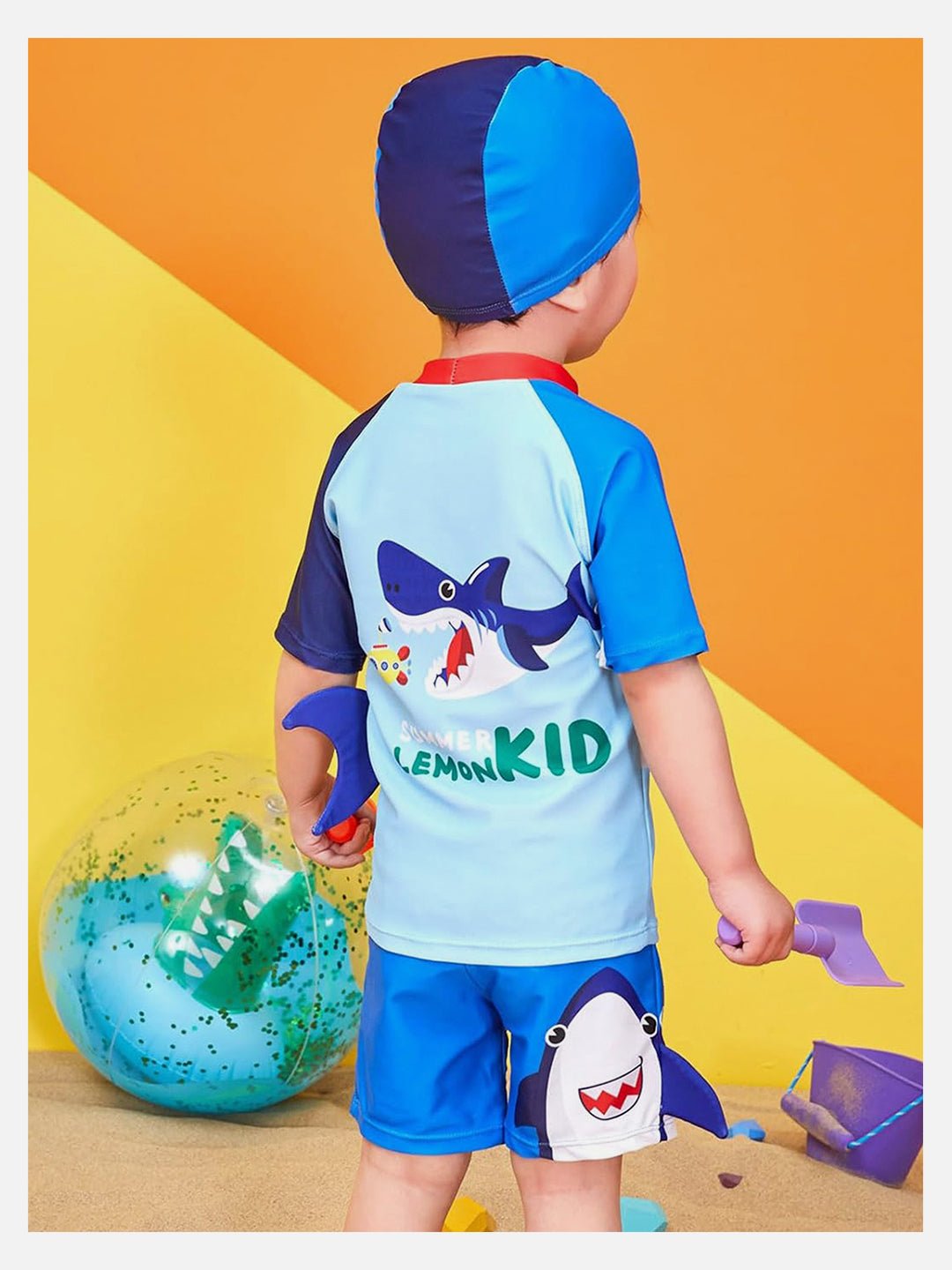 Red & Blue 3D Whale Printed Kids UPF 50+ 2pcs Swimwear With Matching Swim Cap