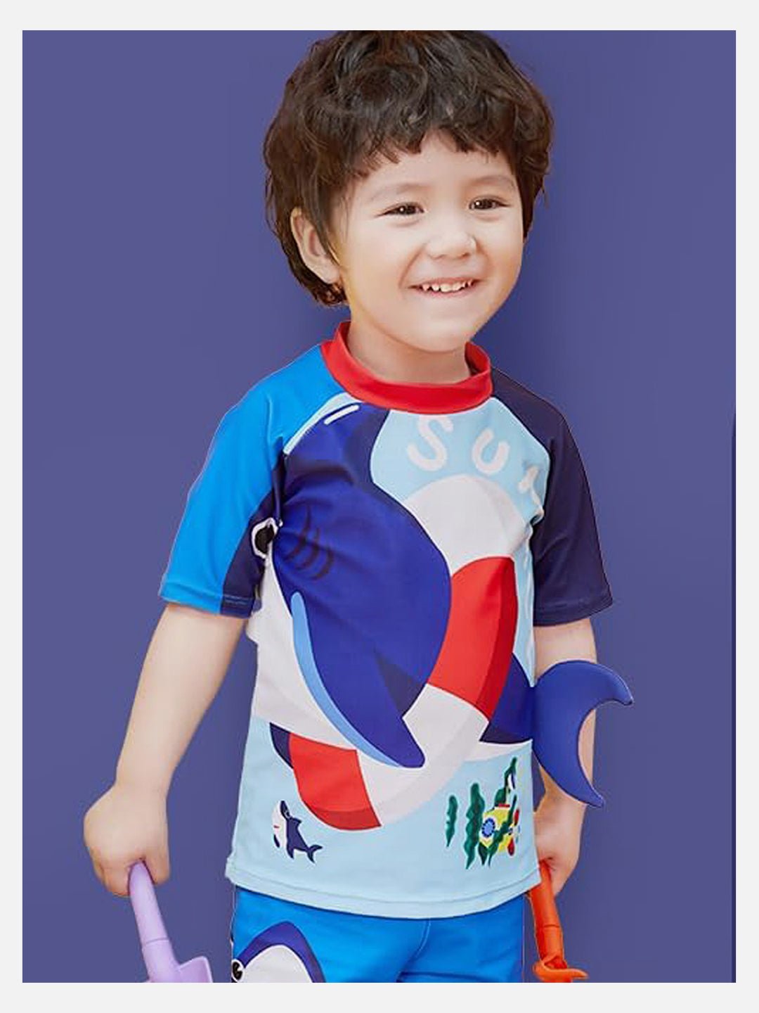 Red & Blue 3D Whale Printed Kids UPF 50+ 2pcs Swimwear With Matching Swim Cap